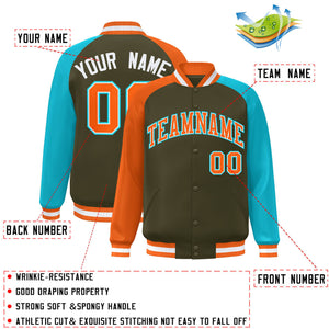 Custom Olive Sky Blue-Orange Varsity Full-Snap Authentic Raglan Sleeves Letterman Bomber Jacket