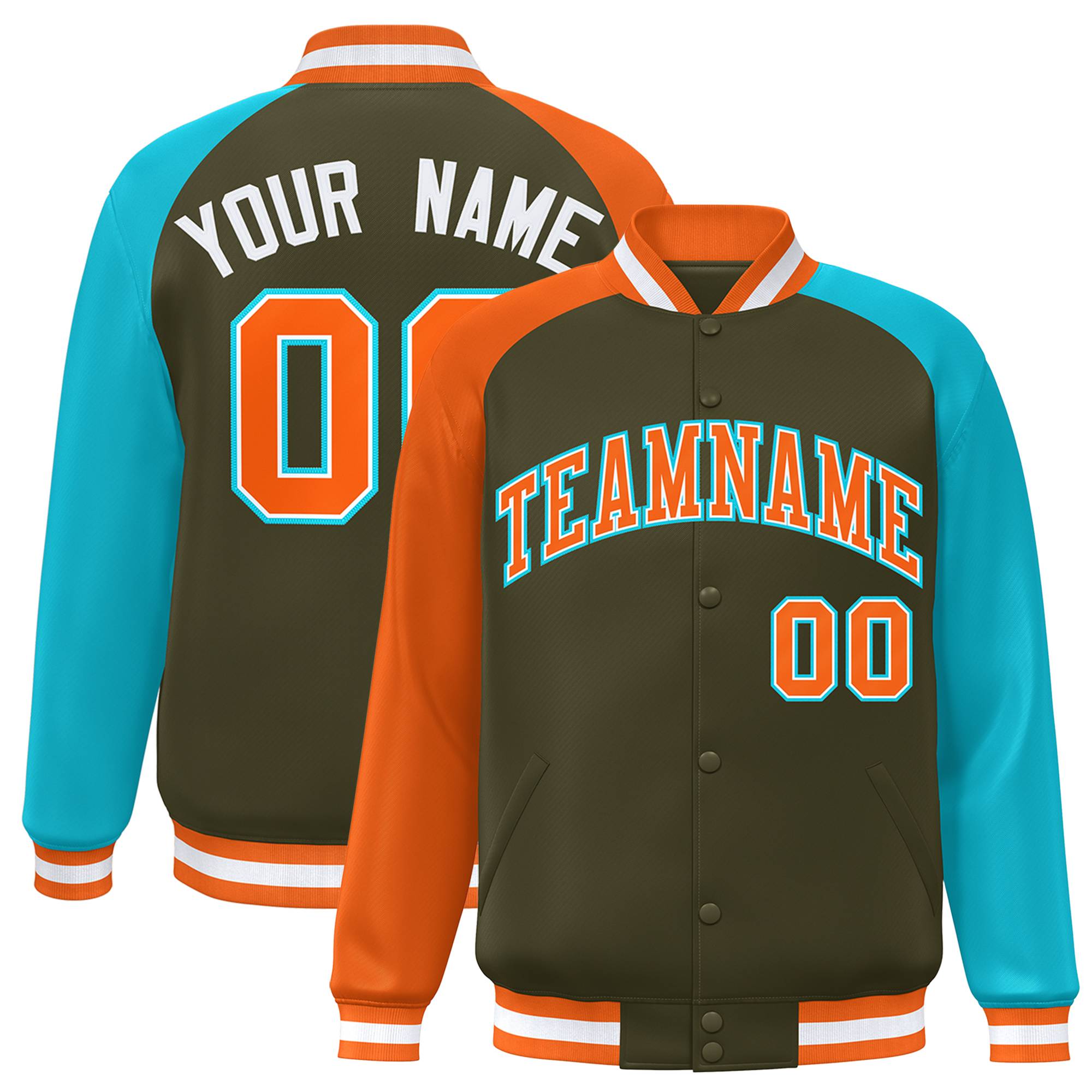 Custom Olive Sky Blue-Orange Varsity Full-Snap Authentic Raglan Sleeves Letterman Bomber Jacket