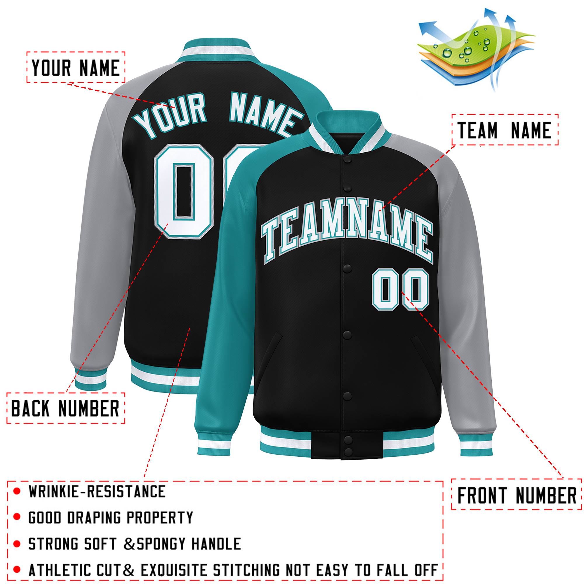 Custom Black Gray-Aqua Varsity Full-Snap Authentic Raglan Sleeves Letterman Bomber Jacket