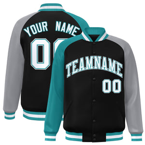 Custom Black Gray-Aqua Varsity Full-Snap Authentic Raglan Sleeves Letterman Bomber Jacket