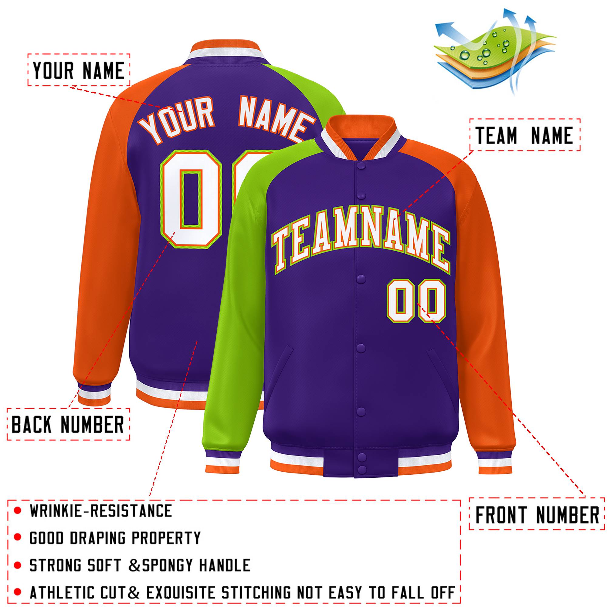 Custom Purple Orange-Neon Green Varsity Full-Snap Authentic Raglan Sleeves Letterman Bomber Jacket