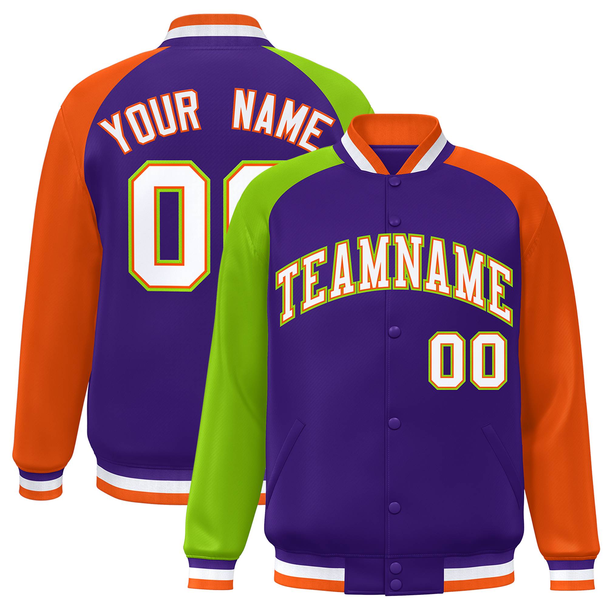 Custom Purple Orange-Neon Green Varsity Full-Snap Authentic Raglan Sleeves Letterman Bomber Jacket