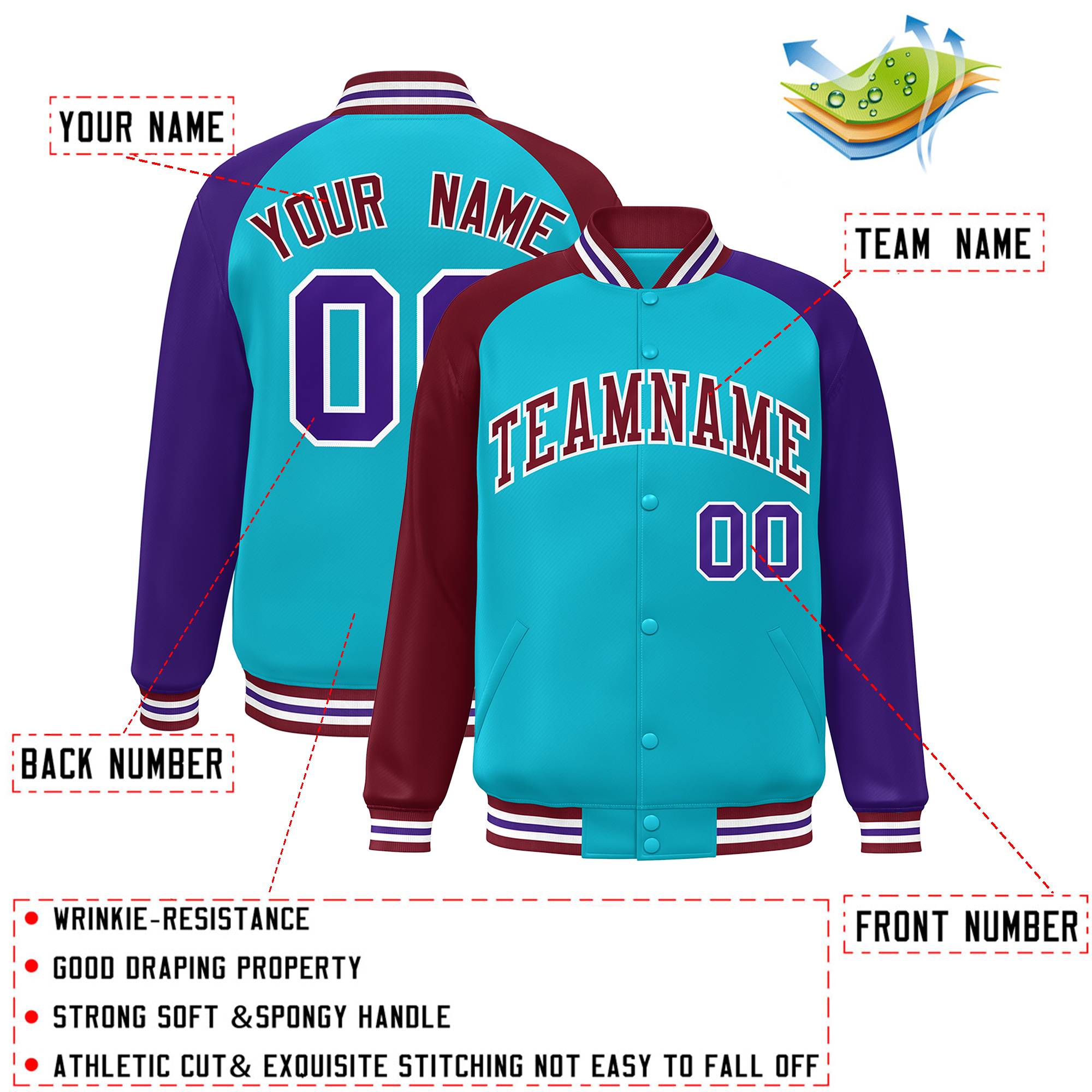 Custom Sky Blue Purple-Crimson Varsity Full-Snap Authentic Raglan Sleeves Letterman Bomber Jacket