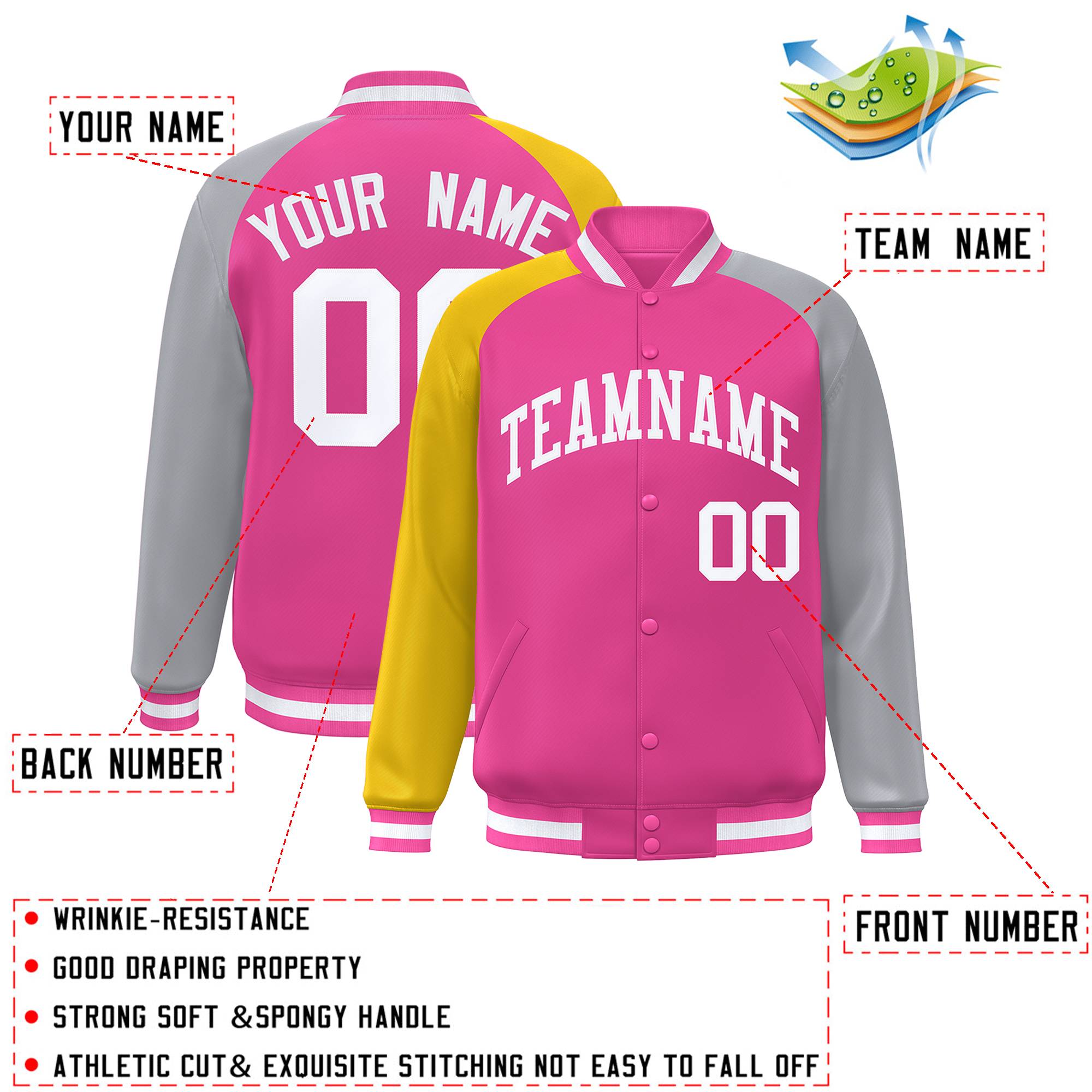 Custom Pink Gray-Gold Varsity Full-Snap Authentic Raglan Sleeves Letterman Bomber Jacket