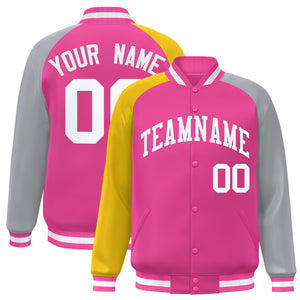 Custom Pink Gray-Gold Varsity Full-Snap Authentic Raglan Sleeves Letterman Bomber Jacket