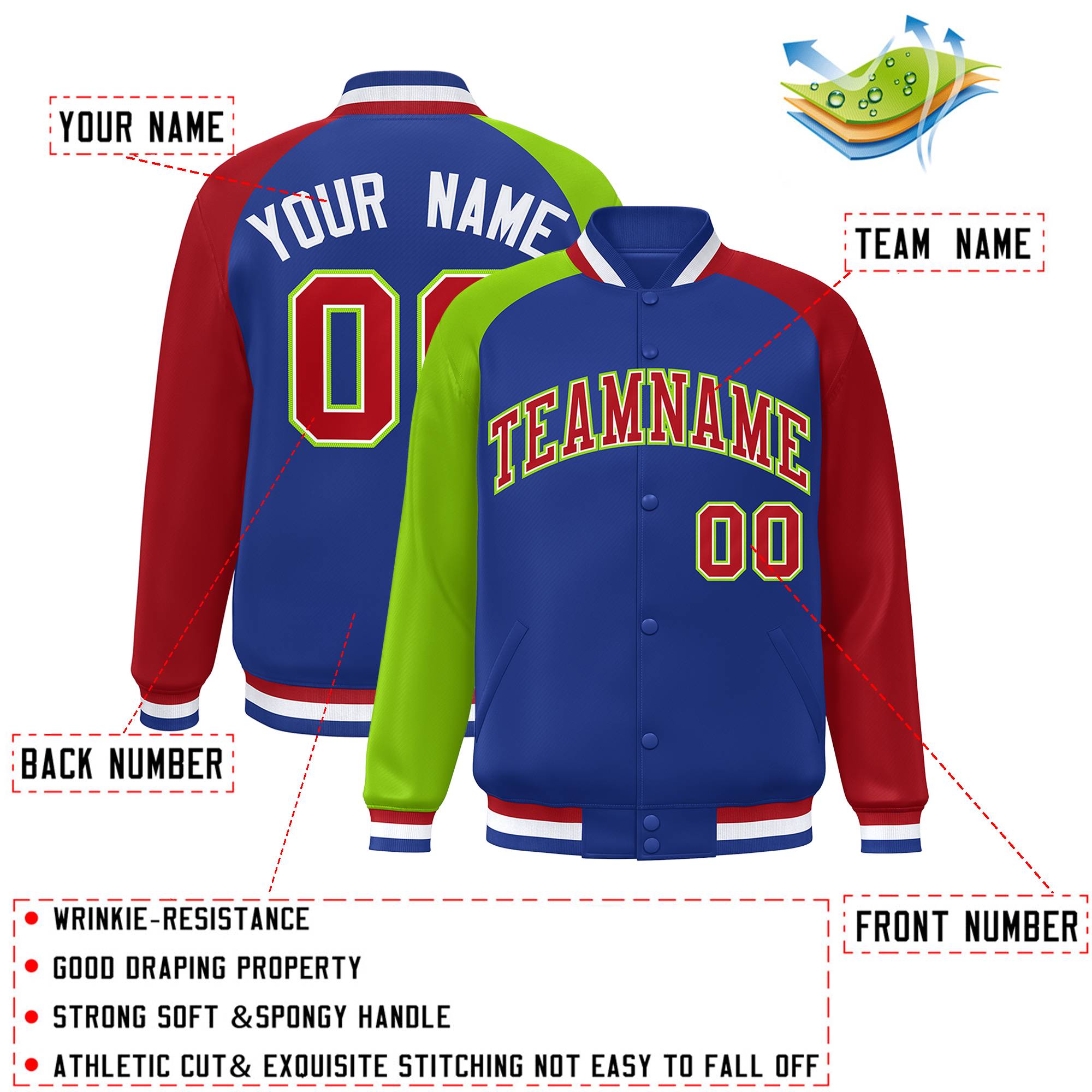 Custom Royal Red-Neon Green Varsity Full-Snap Authentic Raglan Sleeves Letterman Bomber Jacket