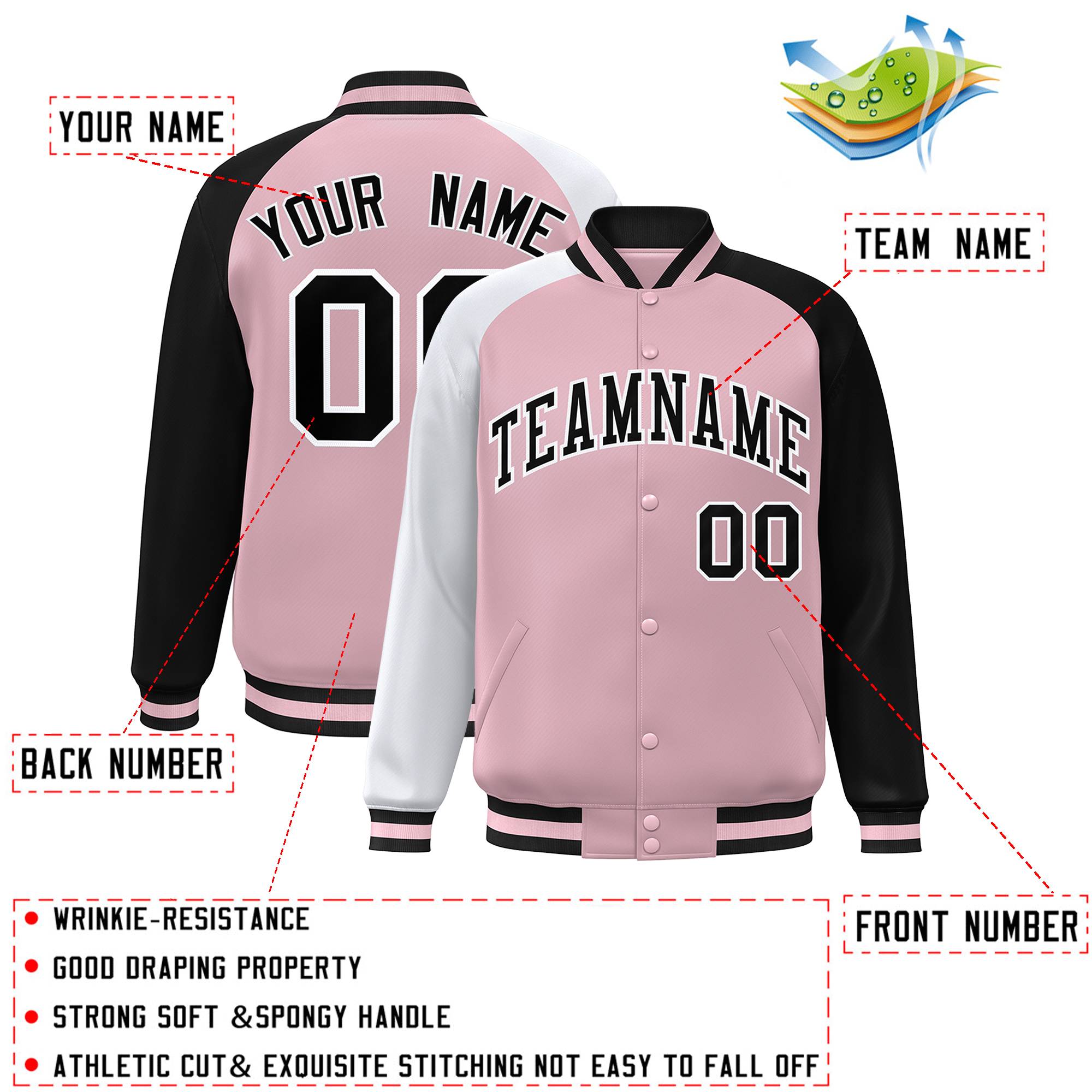 Custom Light Pink Black-White Varsity Full-Snap Authentic Raglan Sleeves Letterman Bomber Jacket