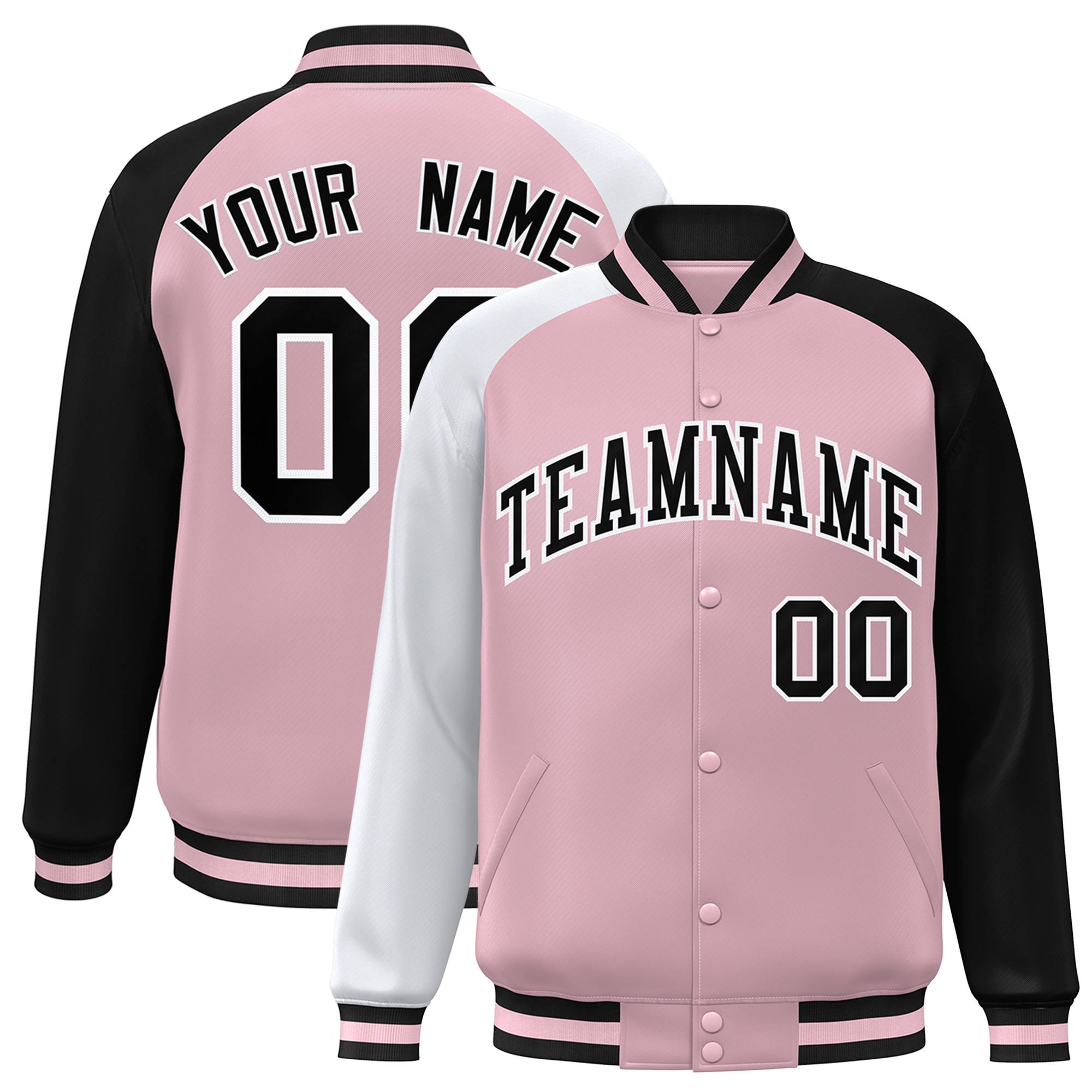 Custom Light Pink Black-White Varsity Full-Snap Authentic Raglan Sleeves Letterman Bomber Jacket