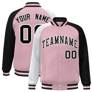 Custom Light Pink Black-White Varsity Full-Snap Authentic Raglan Sleeves Letterman Bomber Jacket