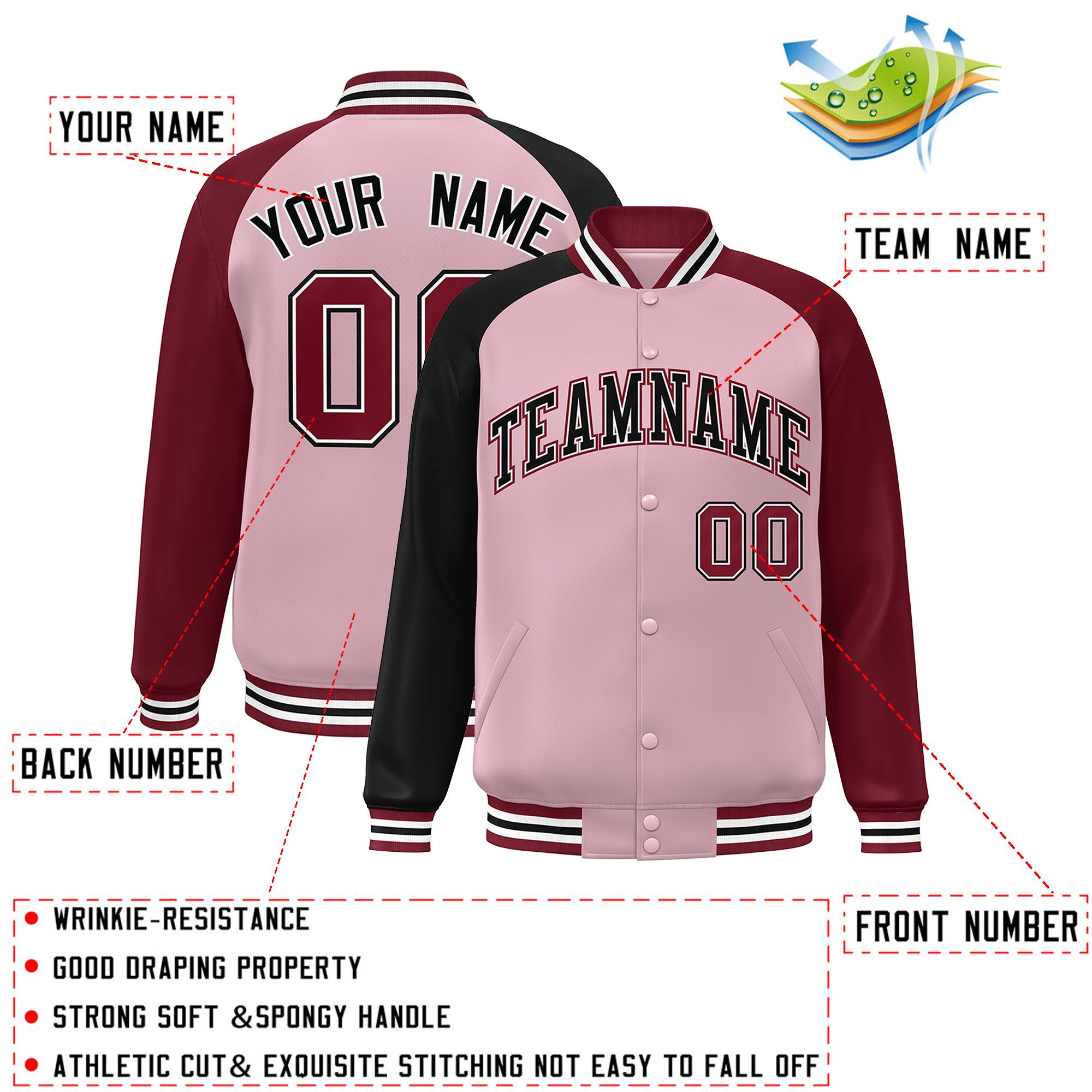 Custom Light Pink Crimson-Black Varsity Full-Snap Authentic Raglan Sleeves Letterman Bomber Jacket