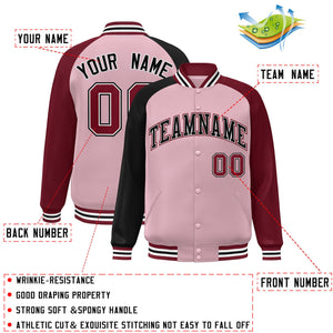 Custom Light Pink Crimson-Black Varsity Full-Snap Authentic Raglan Sleeves Letterman Bomber Jacket