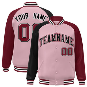 Custom Light Pink Crimson-Black Varsity Full-Snap Authentic Raglan Sleeves Letterman Bomber Jacket