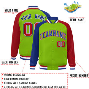 Custom Neon Green Red-Royal Varsity Full-Snap Authentic Raglan Sleeves Letterman Bomber Jacket