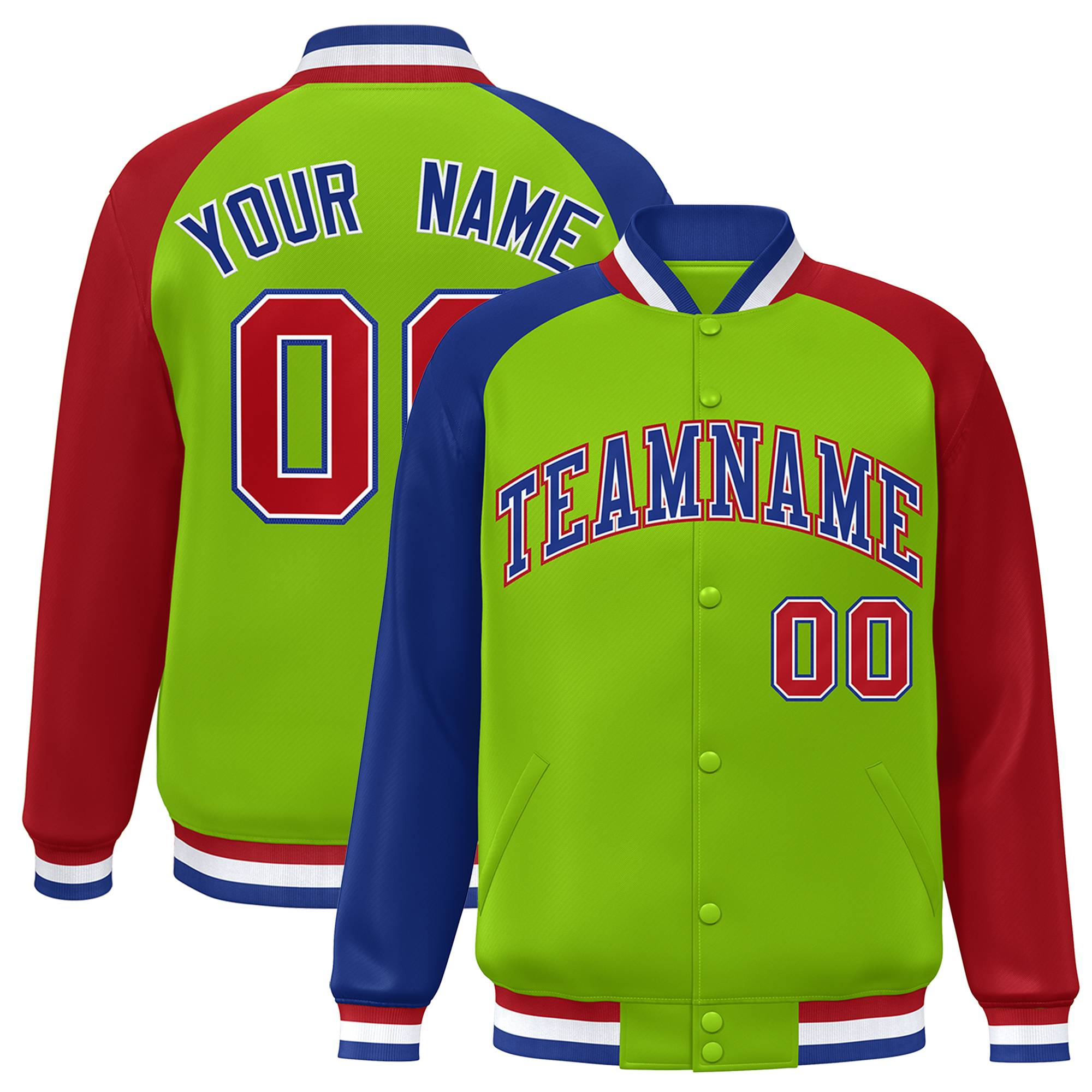 Custom Neon Green Red-Royal Varsity Full-Snap Authentic Raglan Sleeves Letterman Bomber Jacket