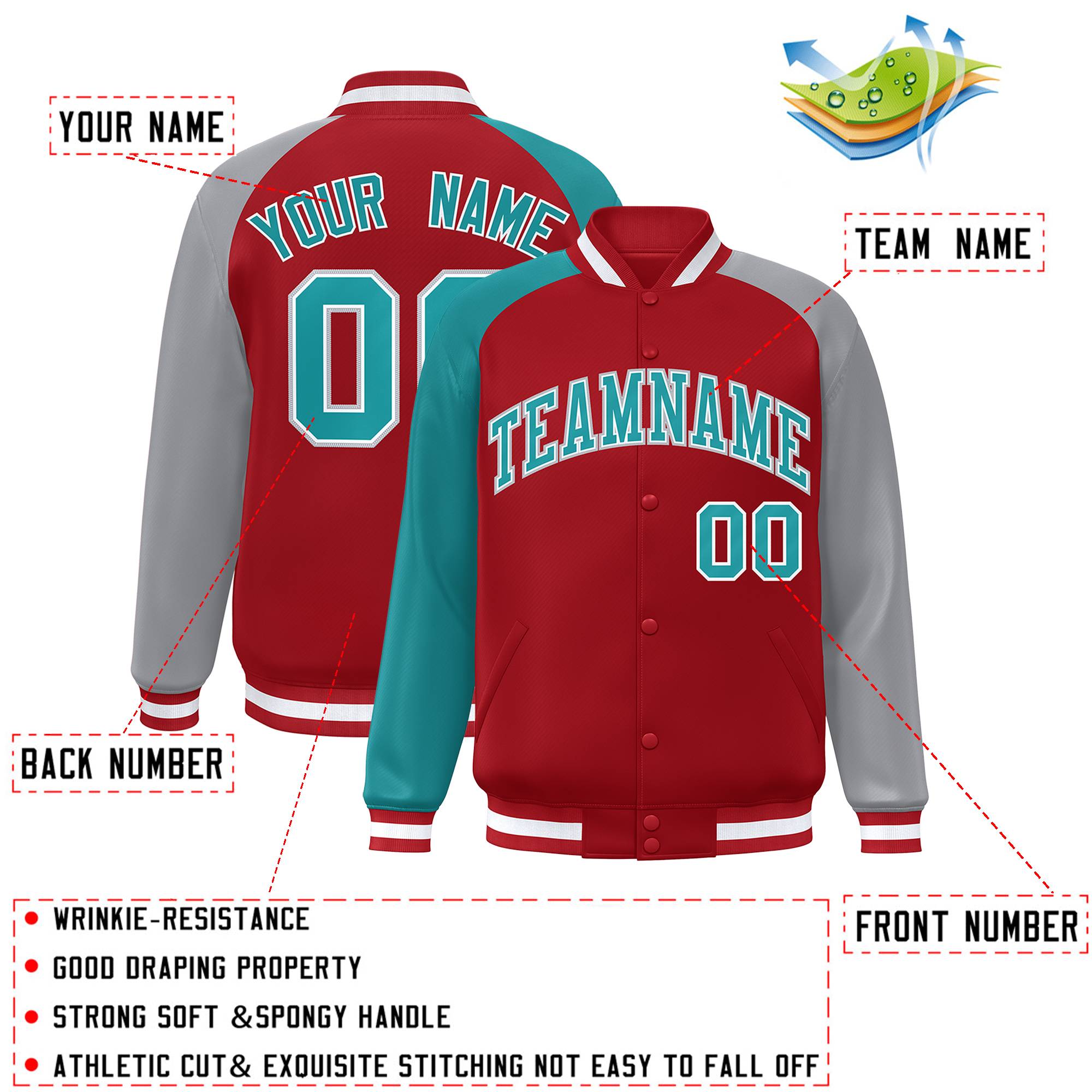 Custom Red Gray-Aqua Varsity Full-Snap Authentic Raglan Sleeves Letterman Bomber Jacket