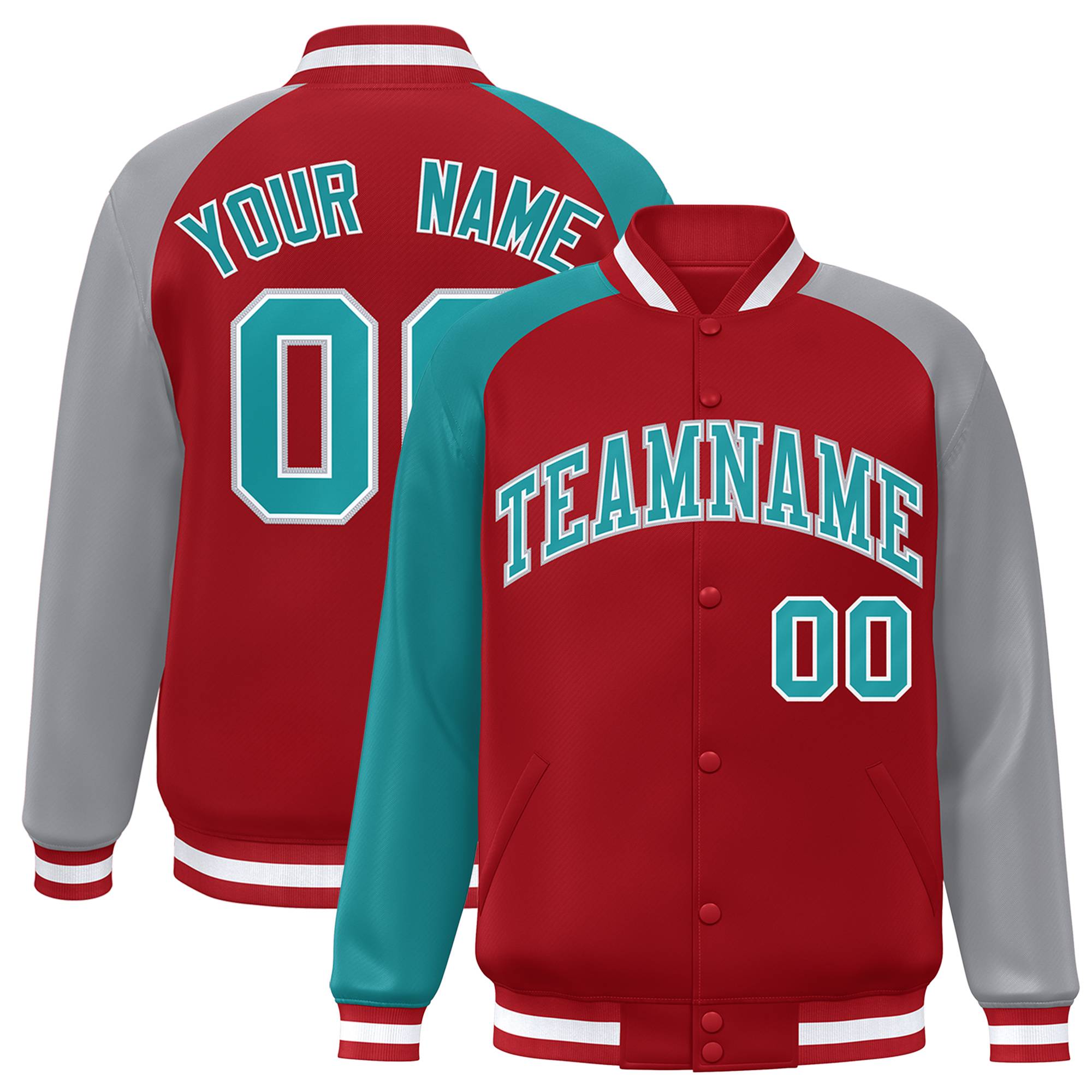 Custom Red Gray-Aqua Varsity Full-Snap Authentic Raglan Sleeves Letterman Bomber Jacket