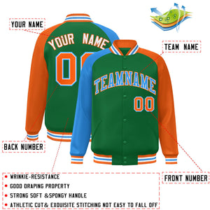 Custom Kelly Green Orange-Powder Blue Varsity Full-Snap Authentic Raglan Sleeves Letterman Bomber Jacket