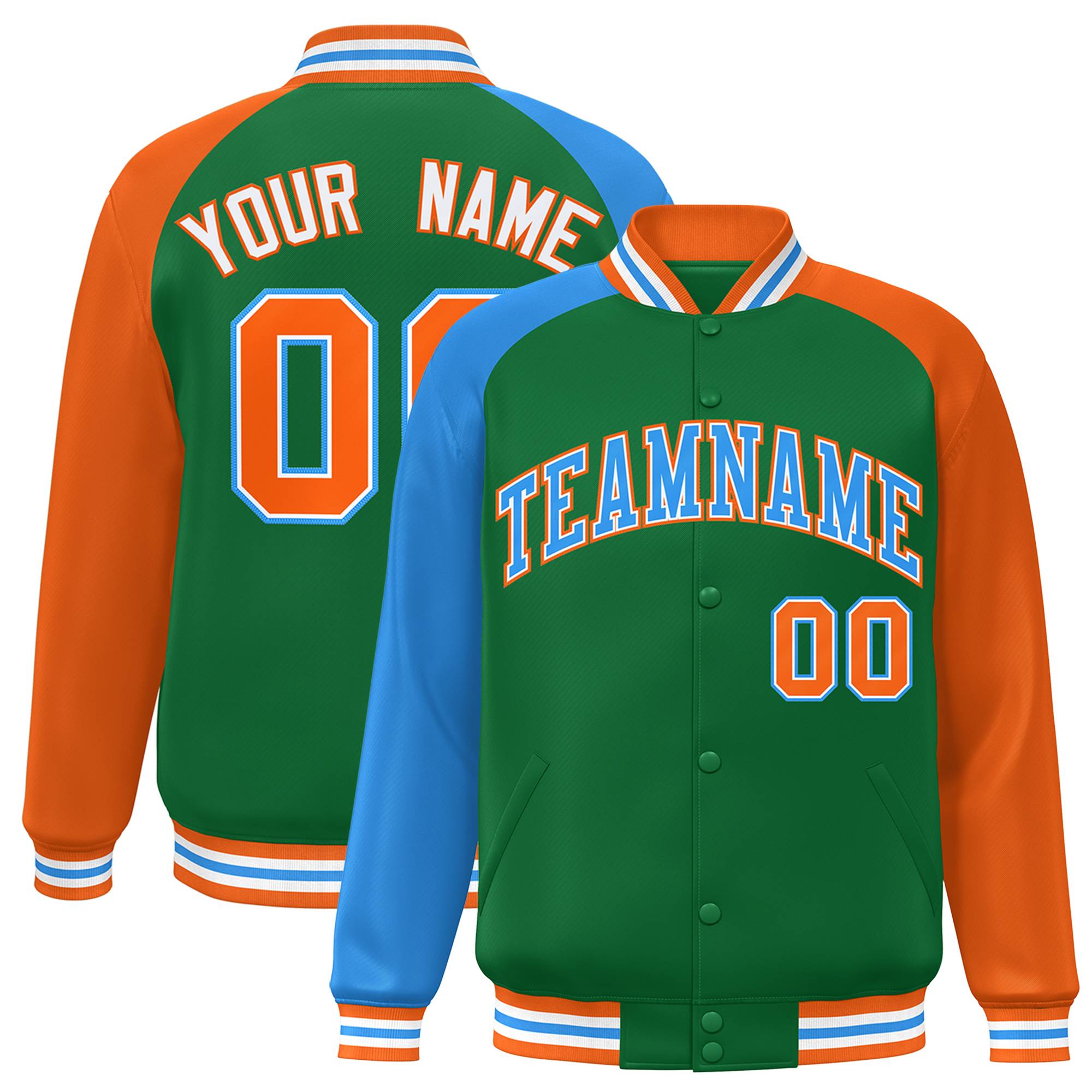 Custom Kelly Green Orange-Powder Blue Varsity Full-Snap Authentic Raglan Sleeves Letterman Bomber Jacket