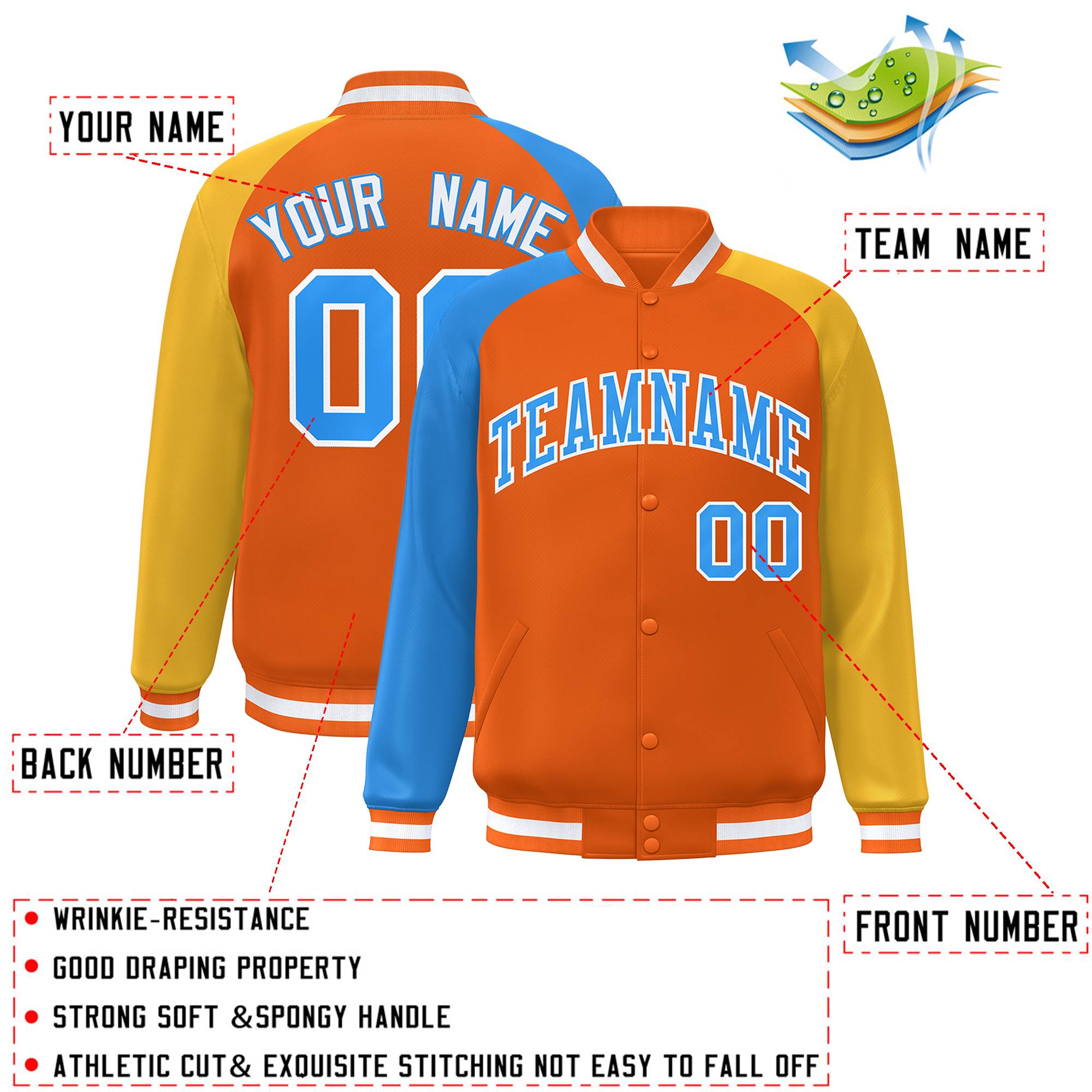 Custom Orange Gold-Royal Varsity Full-Snap Authentic Raglan Sleeves Letterman Bomber Jacket