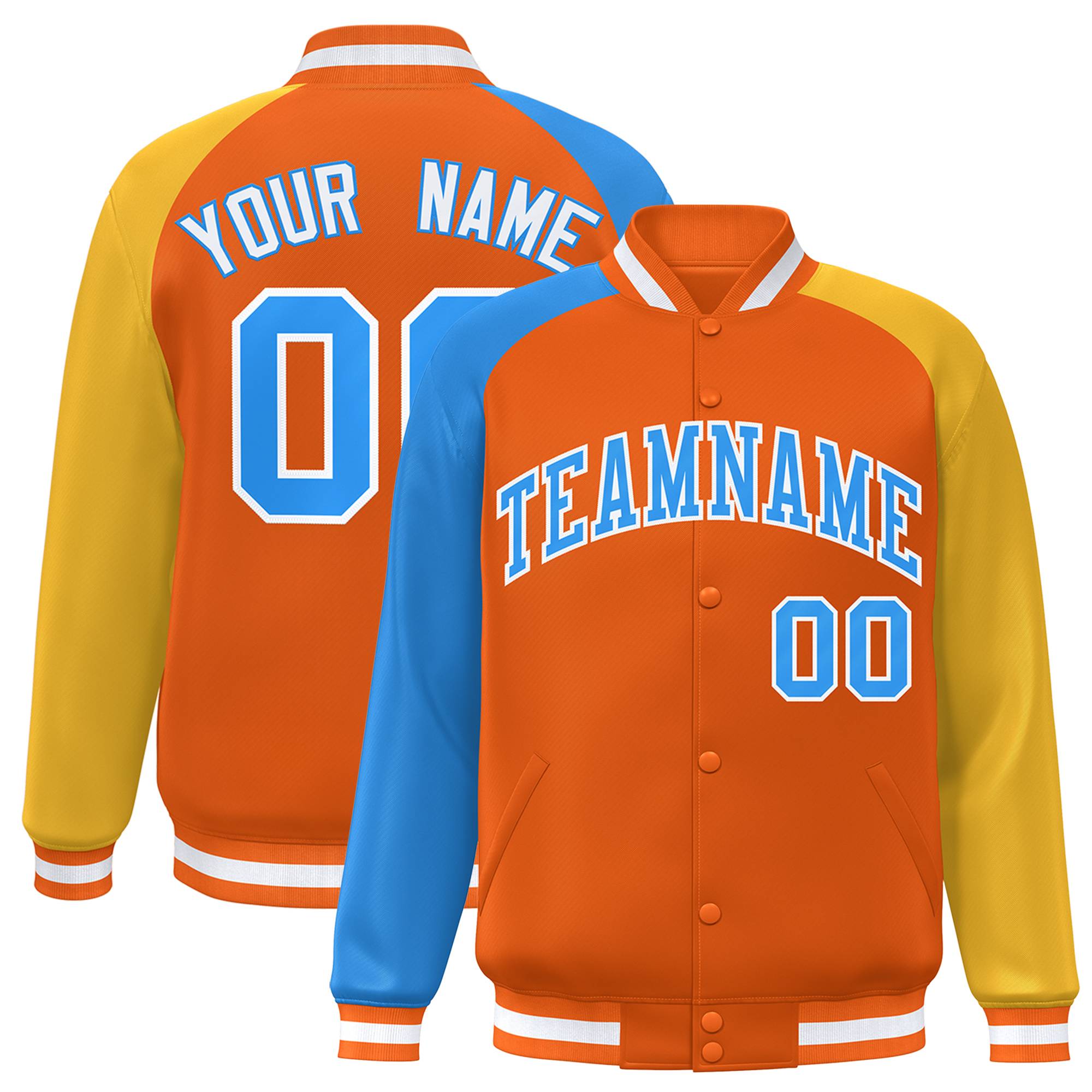 Custom Orange Gold-Royal Varsity Full-Snap Authentic Raglan Sleeves Letterman Bomber Jacket