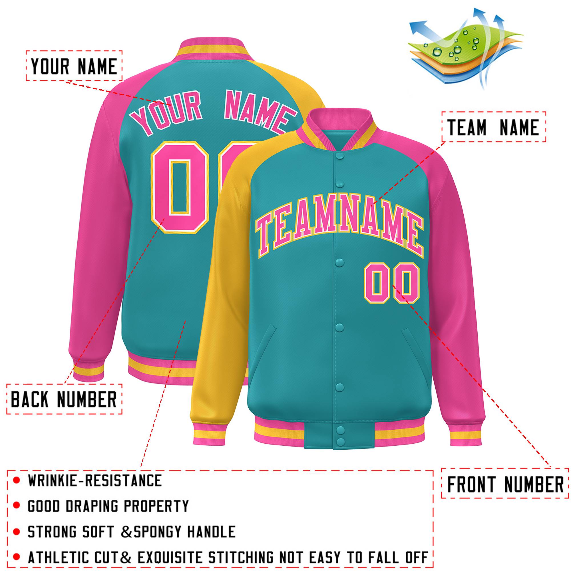 Custom Aqua Pink-Gold Varsity Full-Snap Authentic Raglan Sleeves Letterman Bomber Jacket