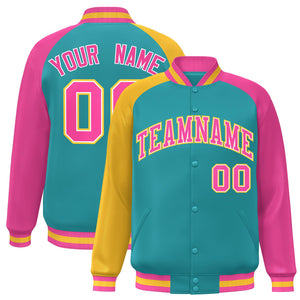 Custom Aqua Pink-Gold Varsity Full-Snap Authentic Raglan Sleeves Letterman Bomber Jacket