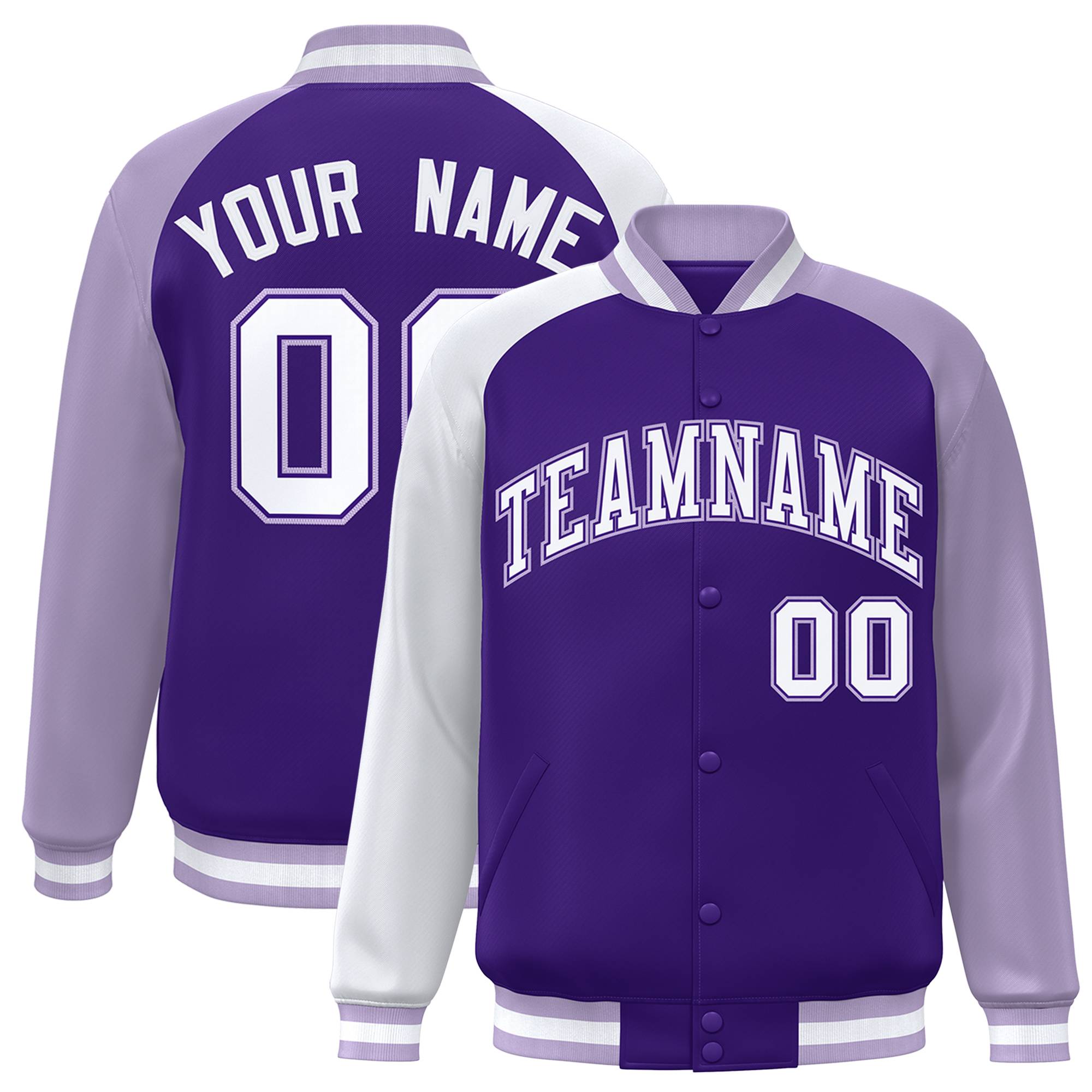 Custom Purple Light Purple-White Varsity Full-Snap Authentic Raglan Sleeves Letterman Bomber Jacket