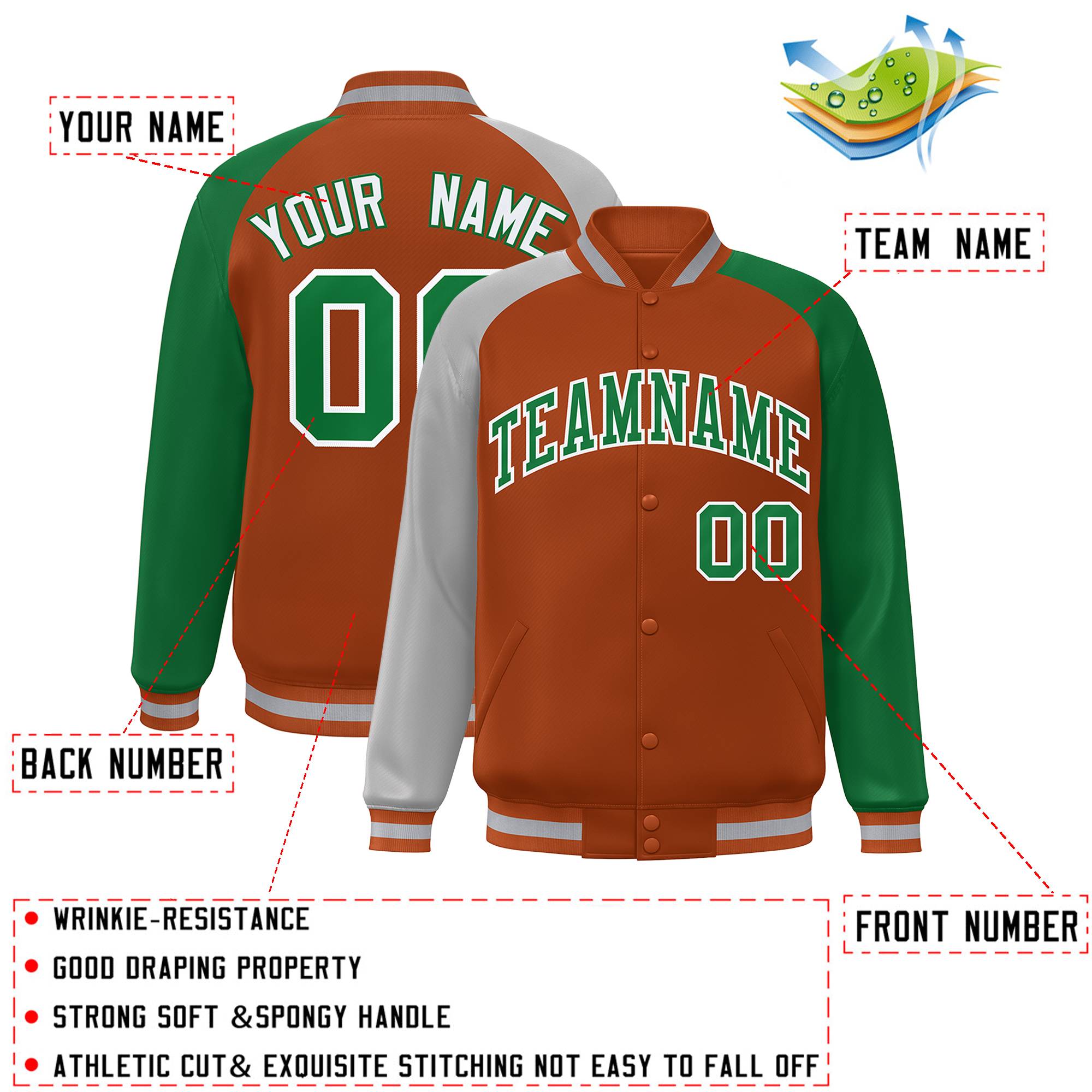 Custom Texas Orange Kelly Green-Gray Varsity Full-Snap Authentic Raglan Sleeves Letterman Bomber Jacket