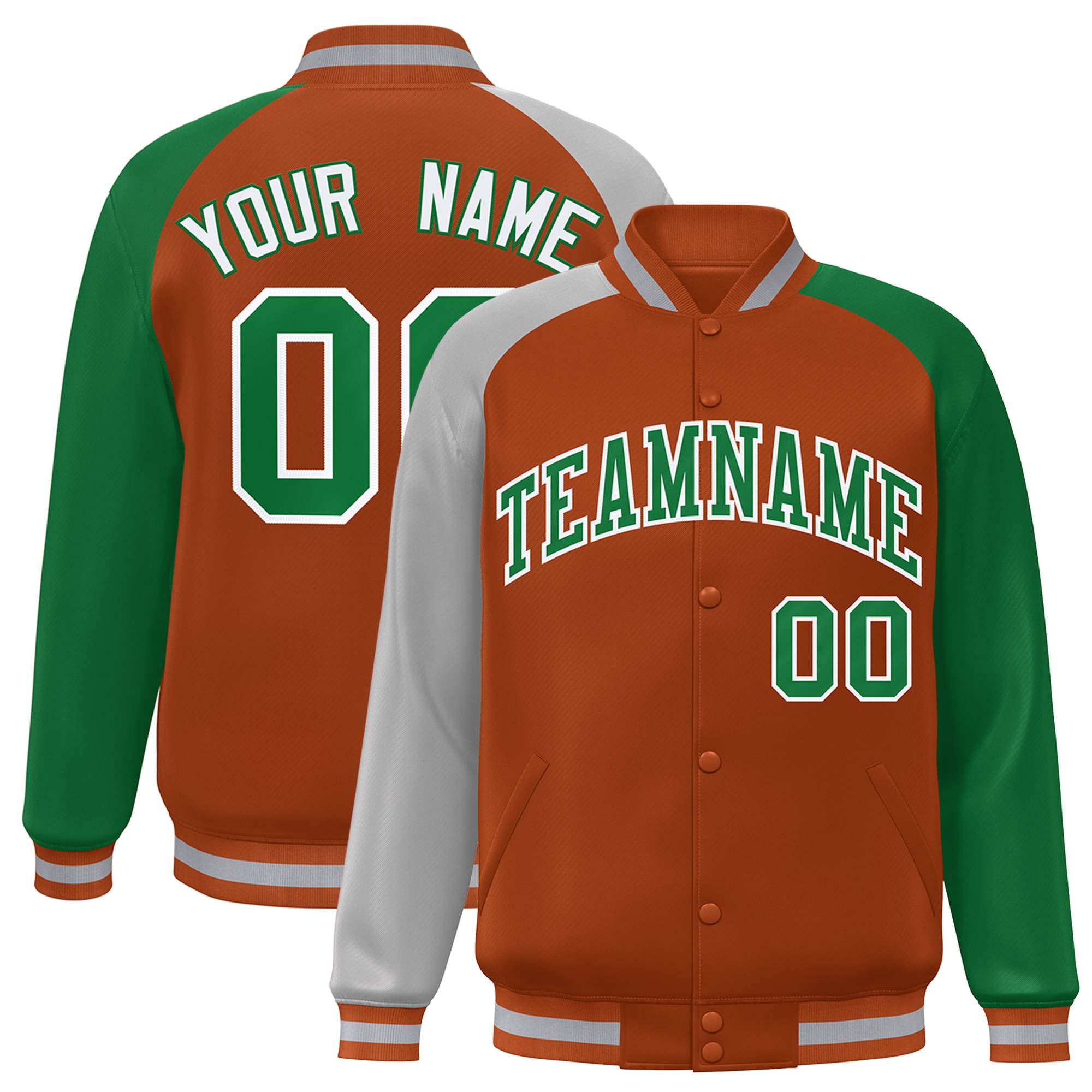 Custom Texas Orange Kelly Green-Gray Varsity Full-Snap Authentic Raglan Sleeves Letterman Bomber Jacket