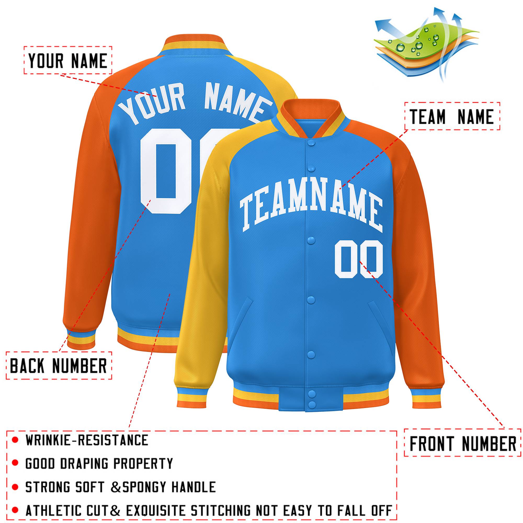 Custom Powder Blue Orange-Gold Varsity Full-Snap Authentic Raglan Sleeves Letterman Bomber Jacket