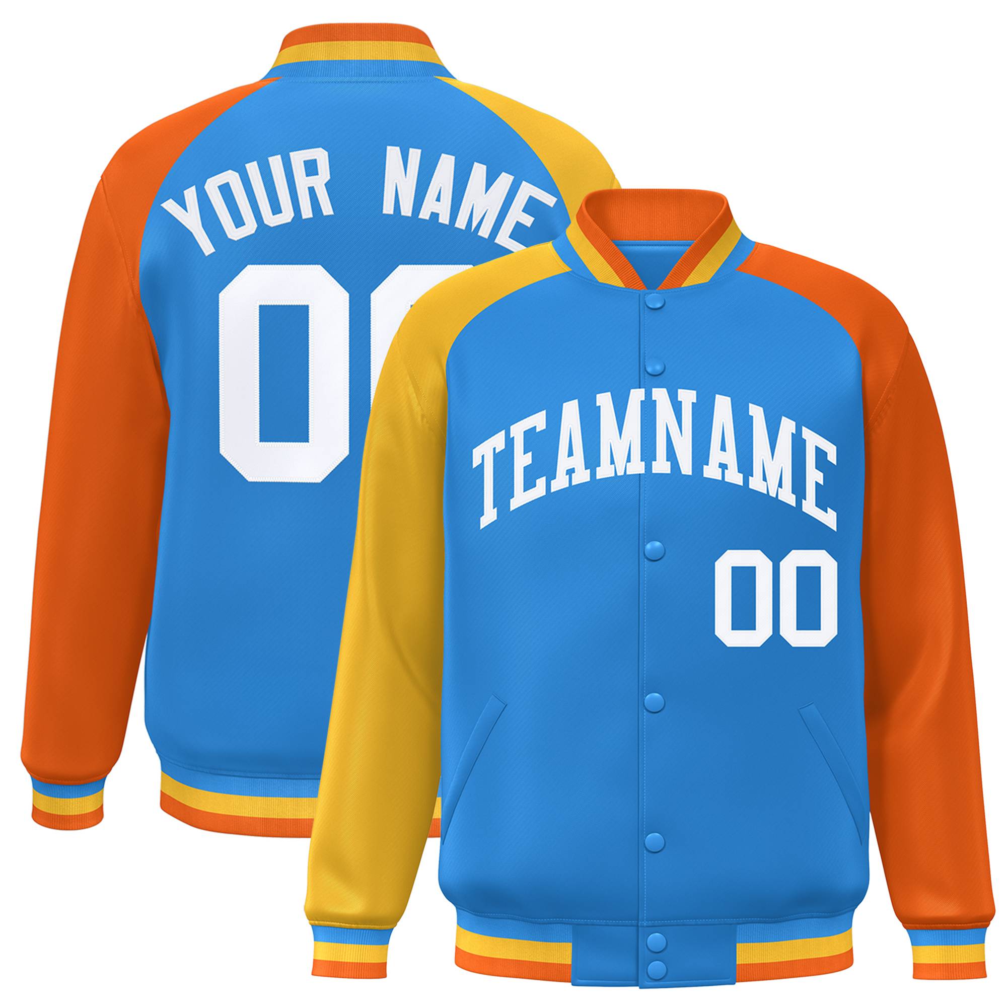 Custom Powder Blue Orange-Gold Varsity Full-Snap Authentic Raglan Sleeves Letterman Bomber Jacket