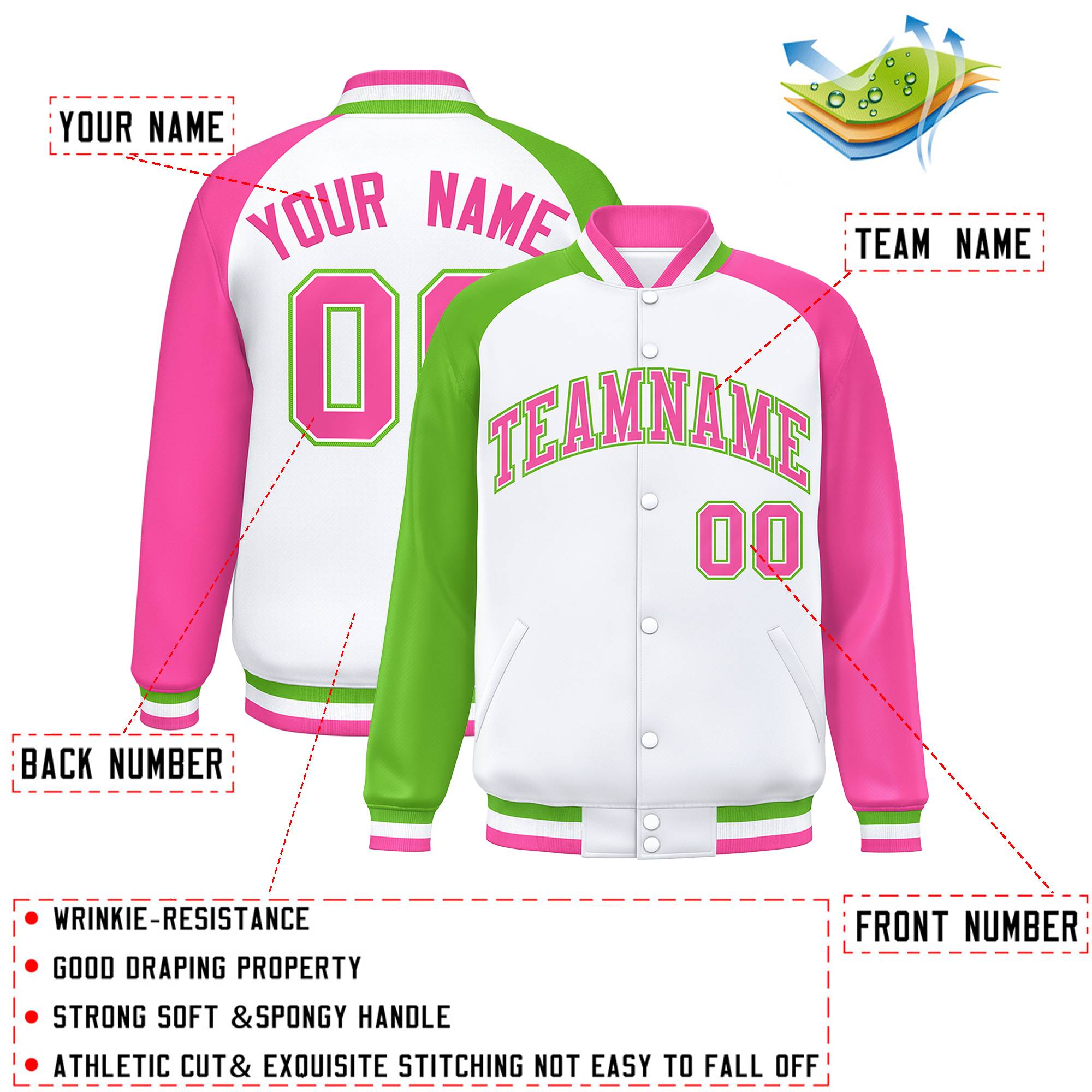 Custom White Pink-Green Varsity Full-Snap Authentic Raglan Sleeves Letterman Bomber Jacket