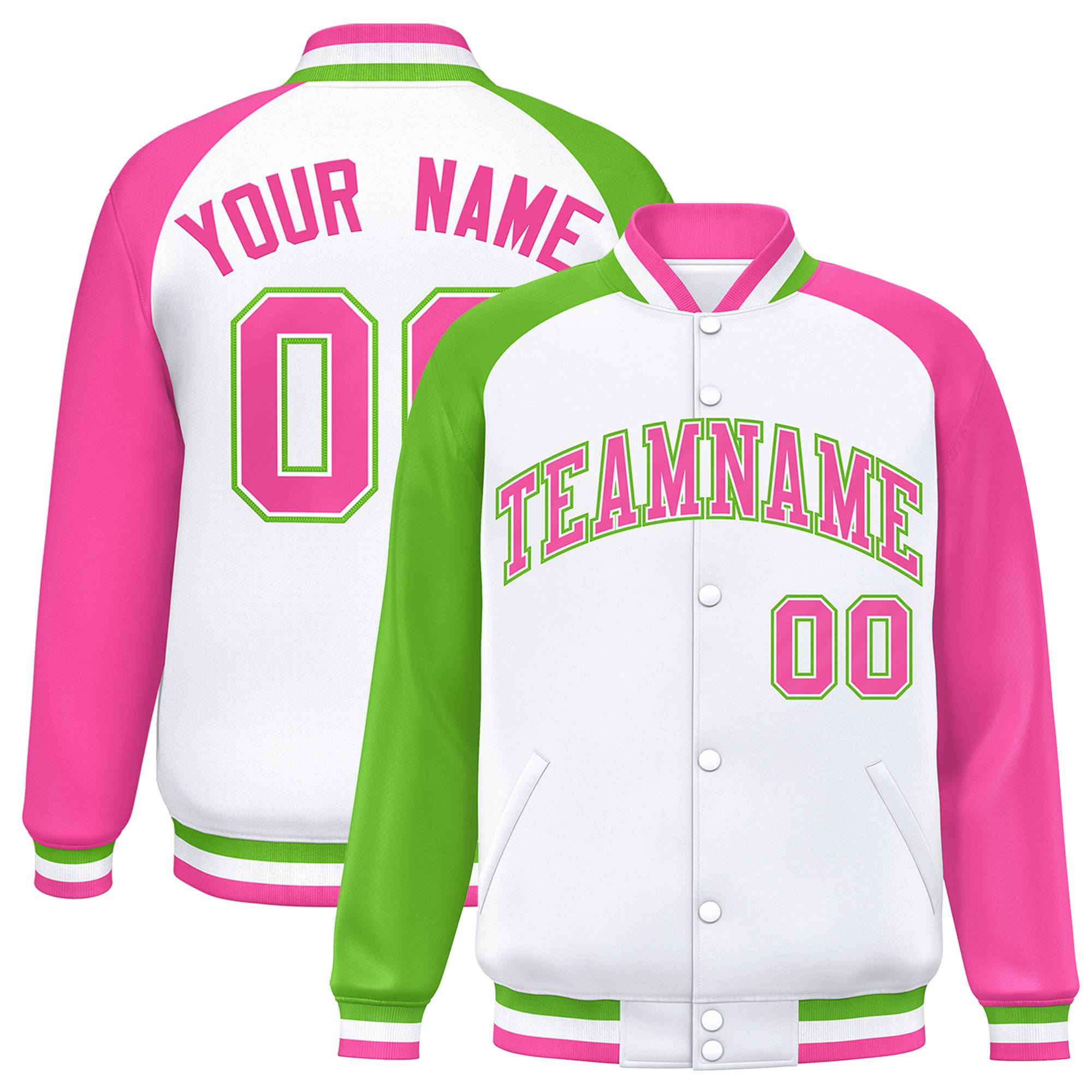 Custom White Pink-Green Varsity Full-Snap Authentic Raglan Sleeves Letterman Bomber Jacket