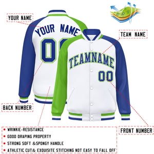 Custom White Royal-Green Varsity Full-Snap Authentic Raglan Sleeves Letterman Bomber Jacket