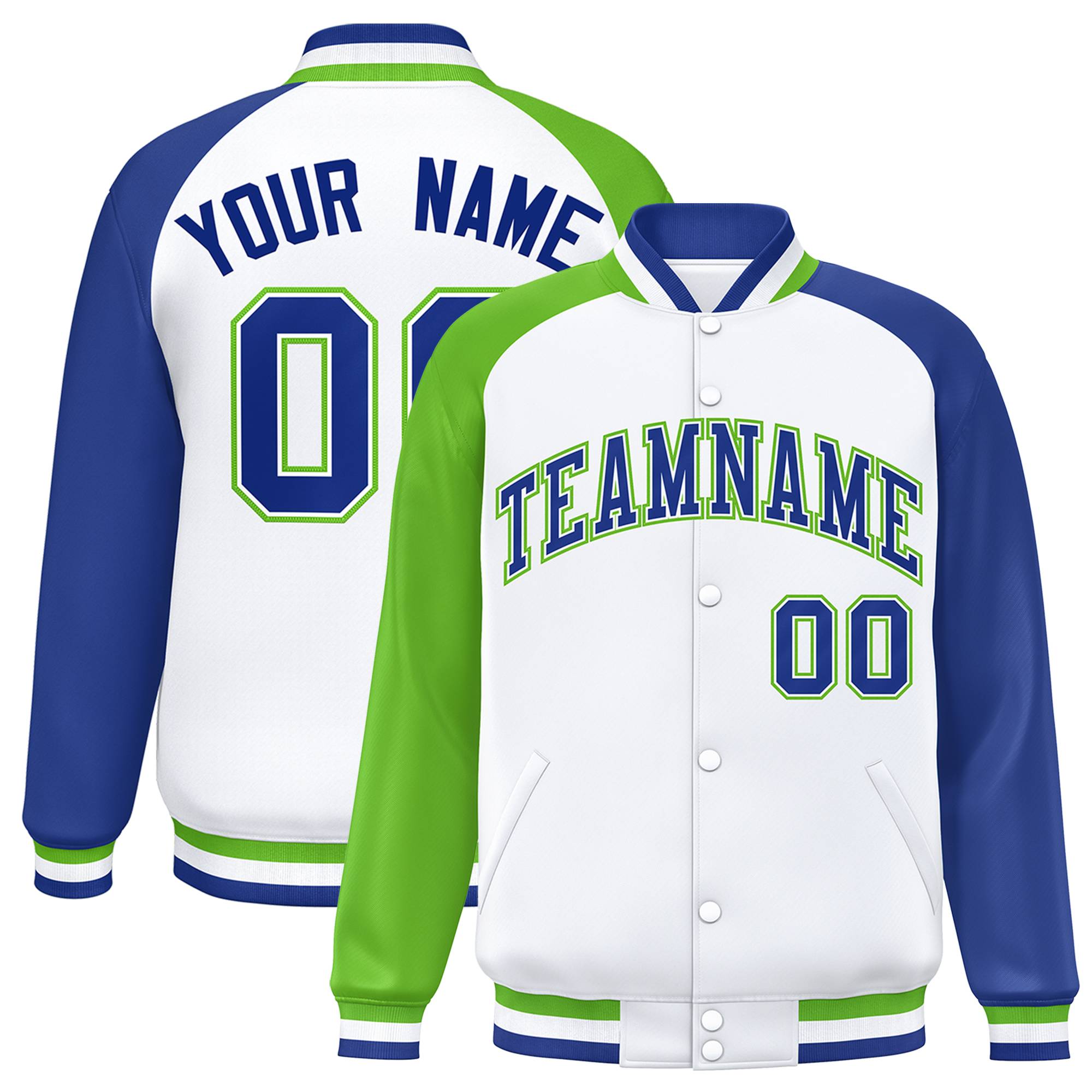 Custom White Royal-Green Varsity Full-Snap Authentic Raglan Sleeves Letterman Bomber Jacket