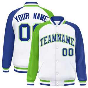 Custom White Royal-Green Varsity Full-Snap Authentic Raglan Sleeves Letterman Bomber Jacket