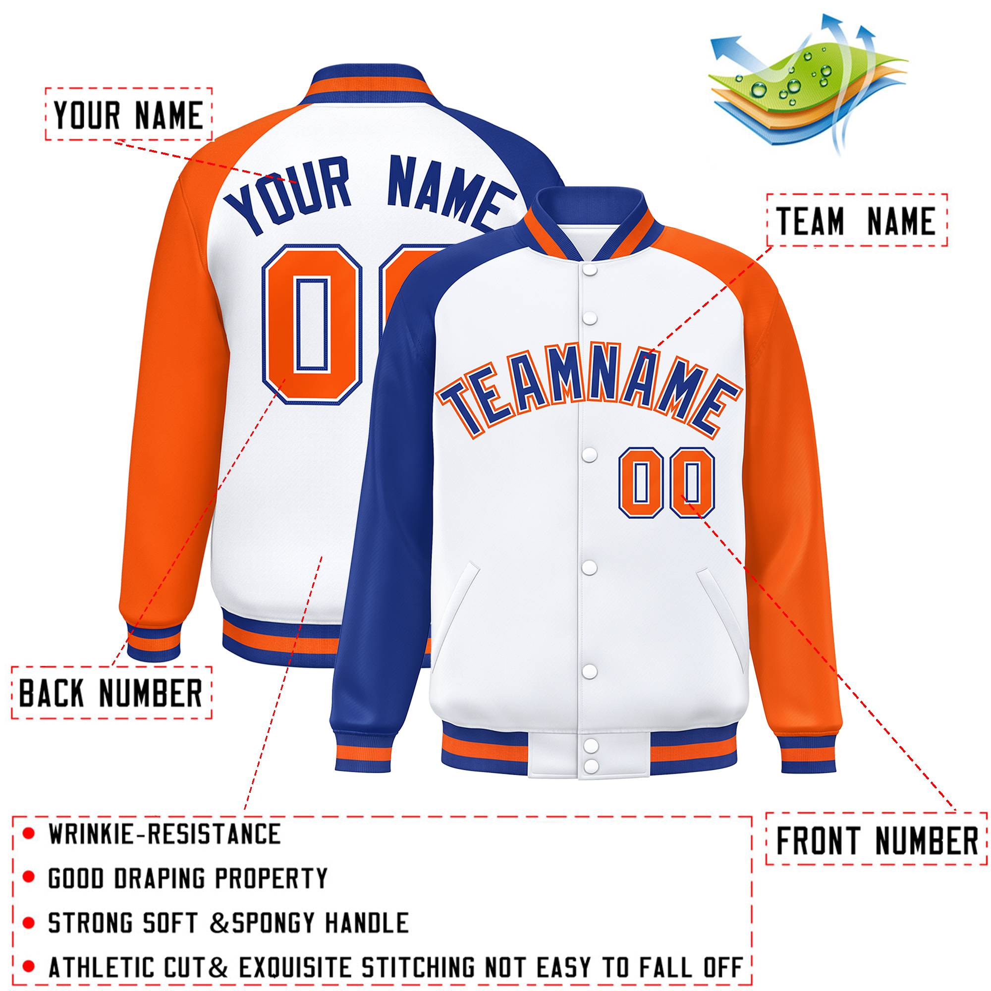 Custom White Orange-Royal Varsity Full-Snap Authentic Raglan Sleeves Letterman Bomber Jacket