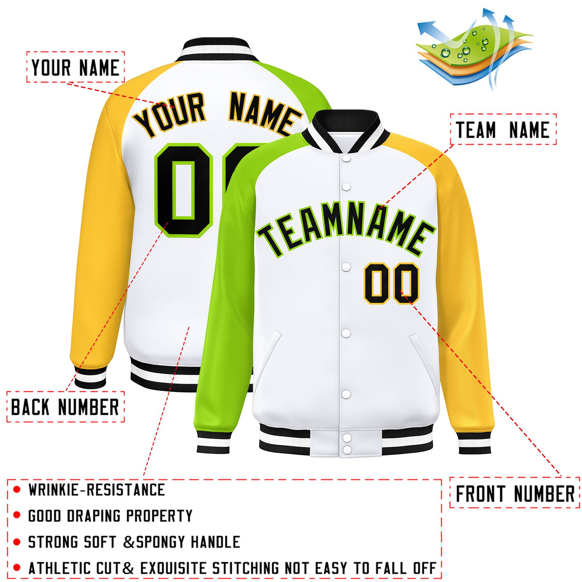 Custom White Gold-Neon Green Varsity Full-Snap Authentic Raglan Sleeves Letterman Bomber Jacket