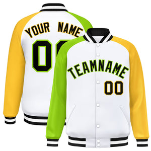 Custom White Gold-Neon Green Varsity Full-Snap Authentic Raglan Sleeves Letterman Bomber Jacket