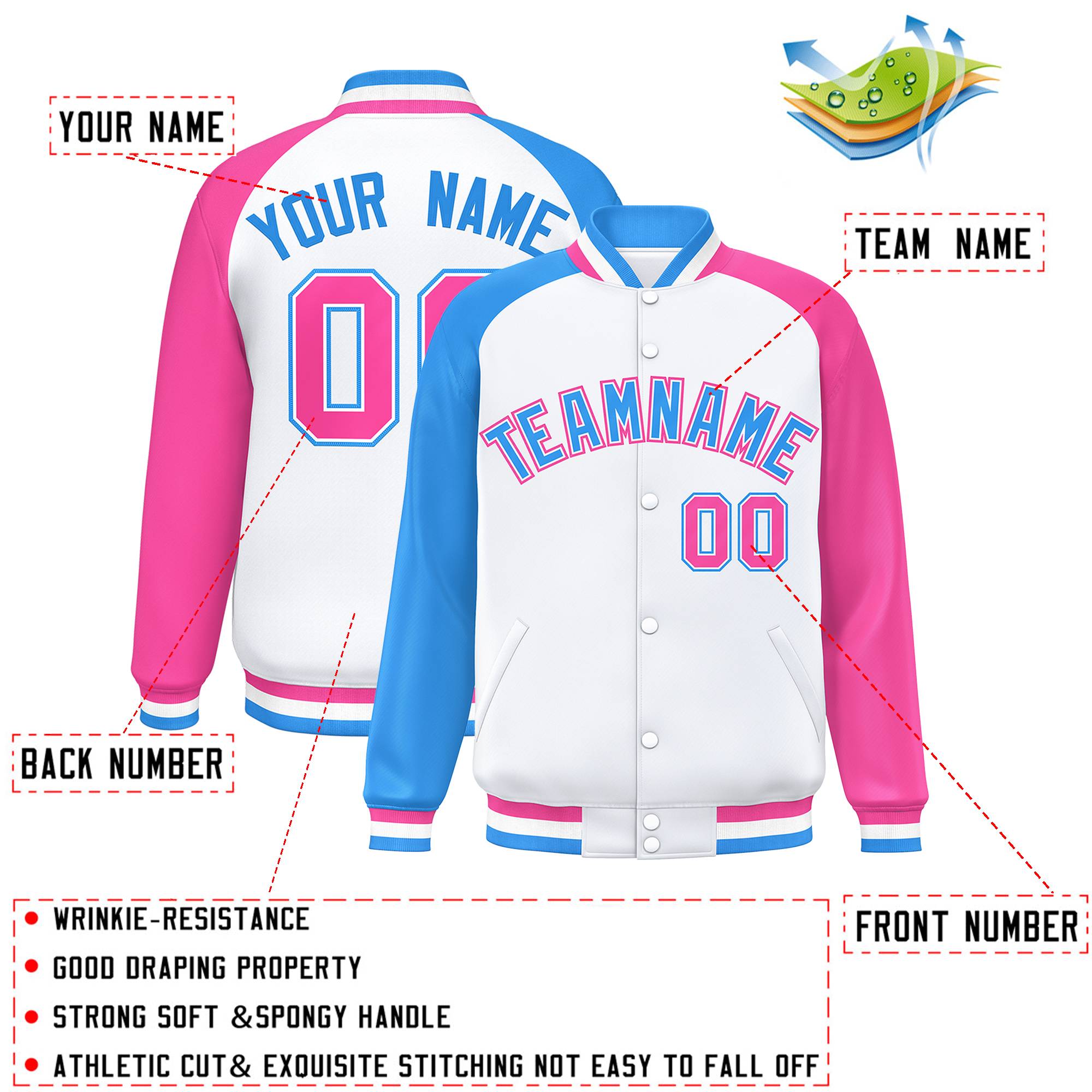 Custom White Pink-Powder Blue Varsity Full-Snap Authentic Raglan Sleeves Letterman Bomber Jacket