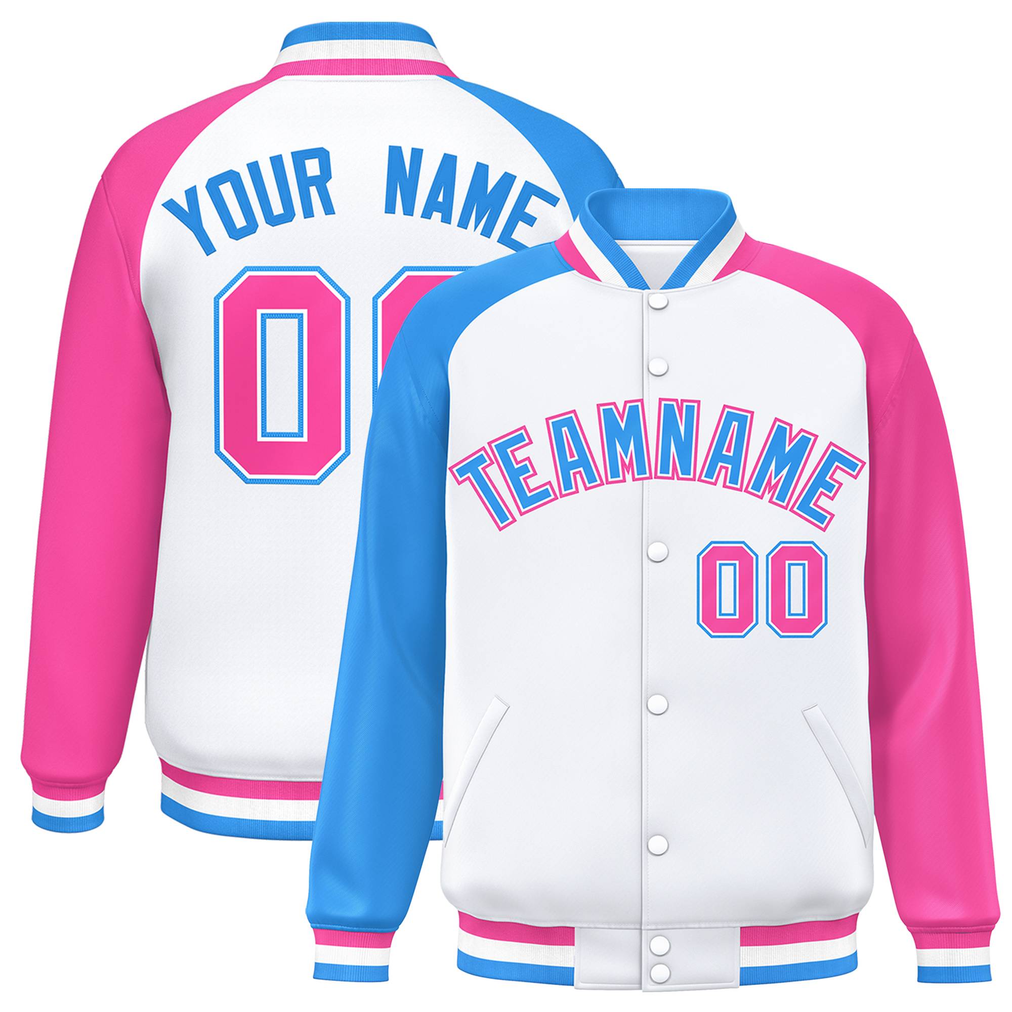 Custom White Pink-Powder Blue Varsity Full-Snap Authentic Raglan Sleeves Letterman Bomber Jacket