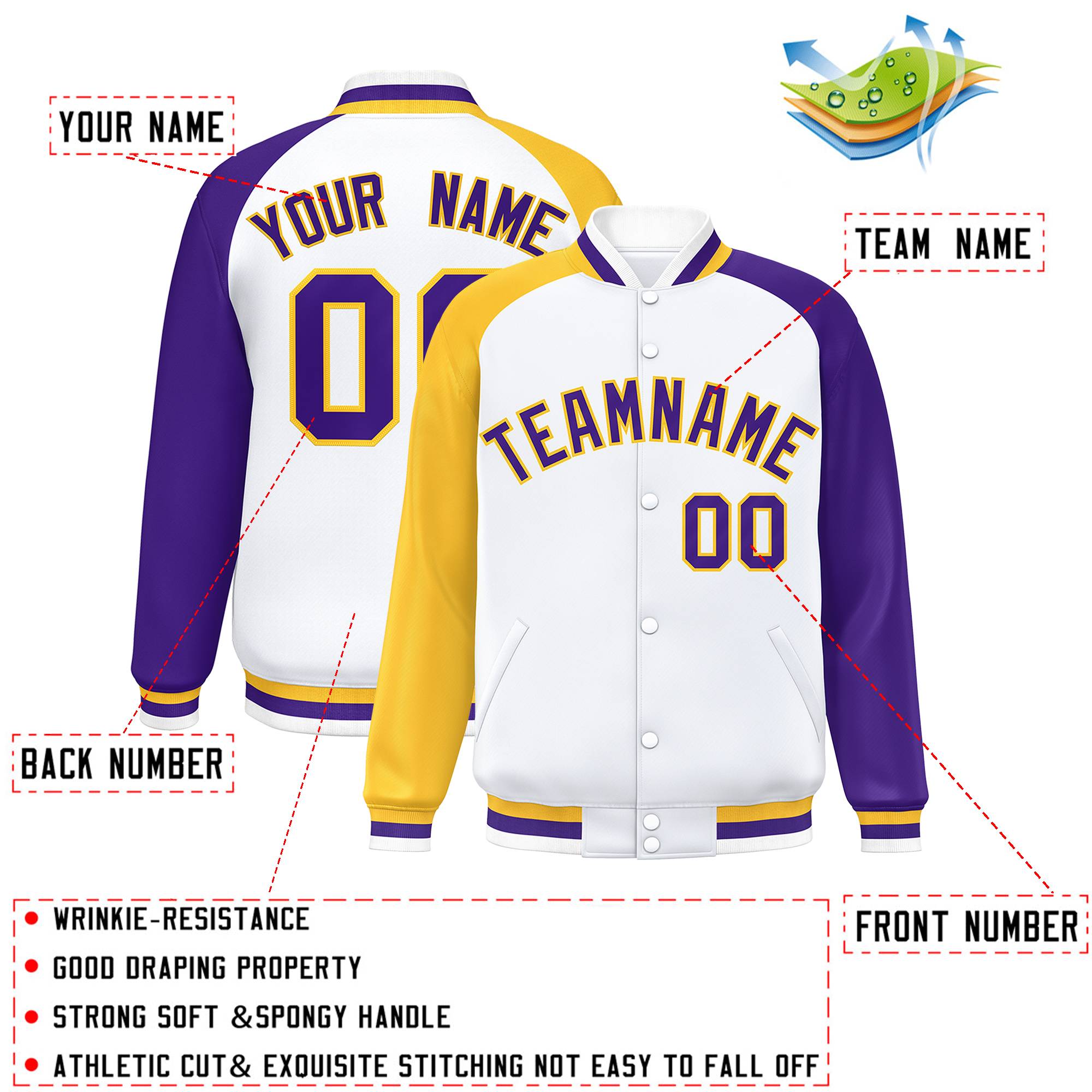 Custom White Purple-Gold Varsity Full-Snap Authentic Raglan Sleeves Letterman Bomber Jacket