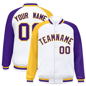 Custom White Purple-Gold Varsity Full-Snap Authentic Raglan Sleeves Letterman Bomber Jacket