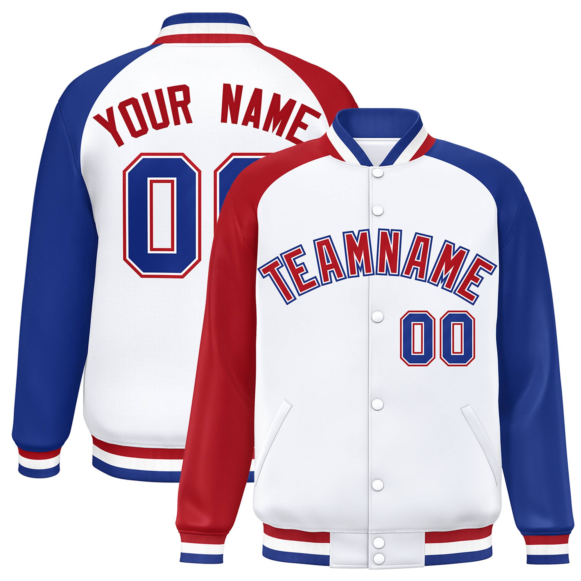 Custom White Royal-Red Varsity Full-Snap Authentic Raglan Sleeves Letterman Bomber Jacket