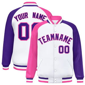 Custom White Purple-Pink Varsity Full-Snap Authentic Raglan Sleeves Letterman Bomber Jacket