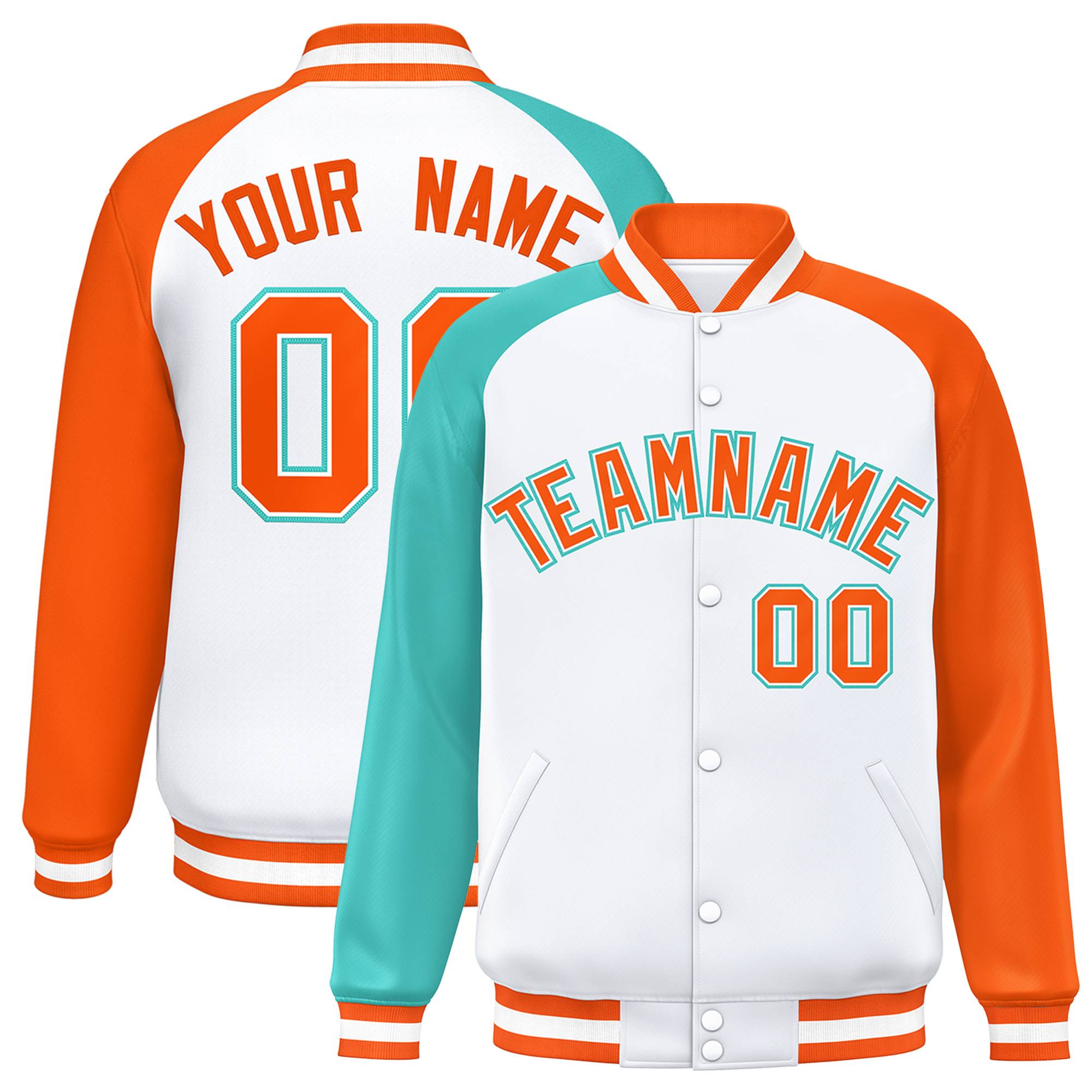 Custom White Orange-Bright Green Varsity Full-Snap Authentic Raglan Sleeves Letterman Bomber Jacket