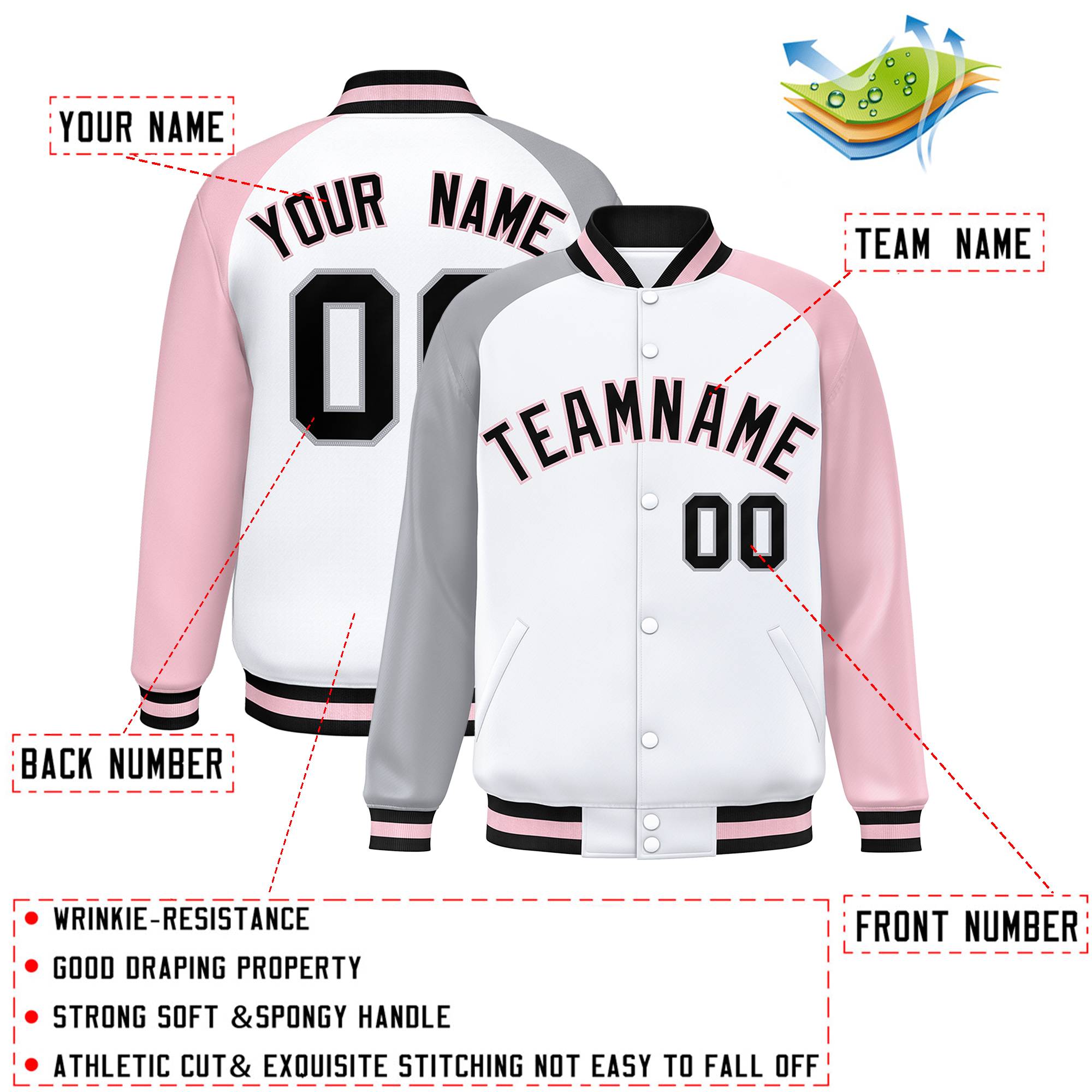 Custom White Light Pink-Gray Varsity Full-Snap Authentic Raglan Sleeves Letterman Bomber Jacket