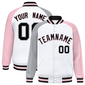 Custom White Light Pink-Gray Varsity Full-Snap Authentic Raglan Sleeves Letterman Bomber Jacket