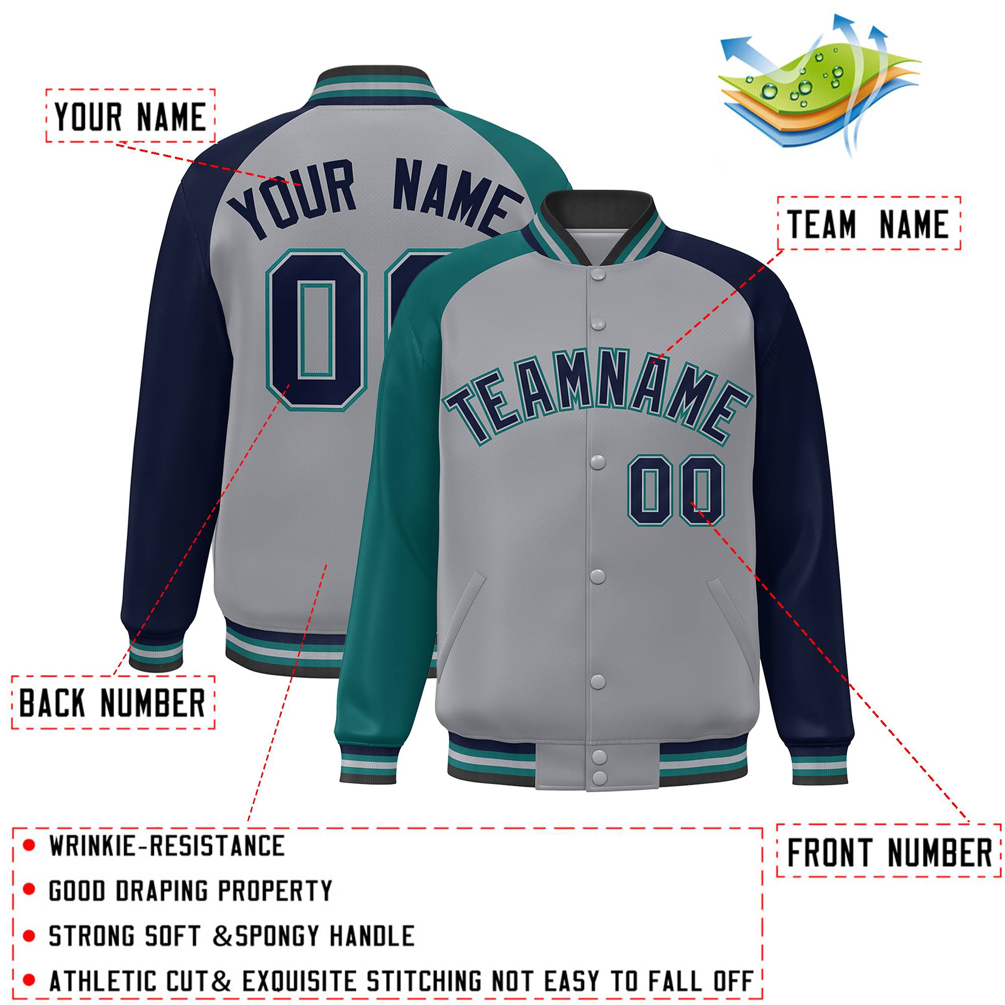 Custom Gray Navy-Aqua Varsity Full-Snap Authentic Raglan Sleeves Letterman Bomber Jacket