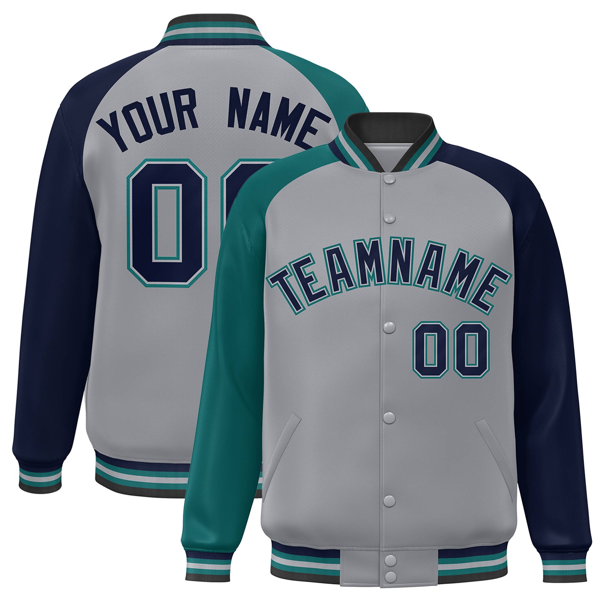 Custom Gray Navy-Aqua Varsity Full-Snap Authentic Raglan Sleeves Letterman Bomber Jacket